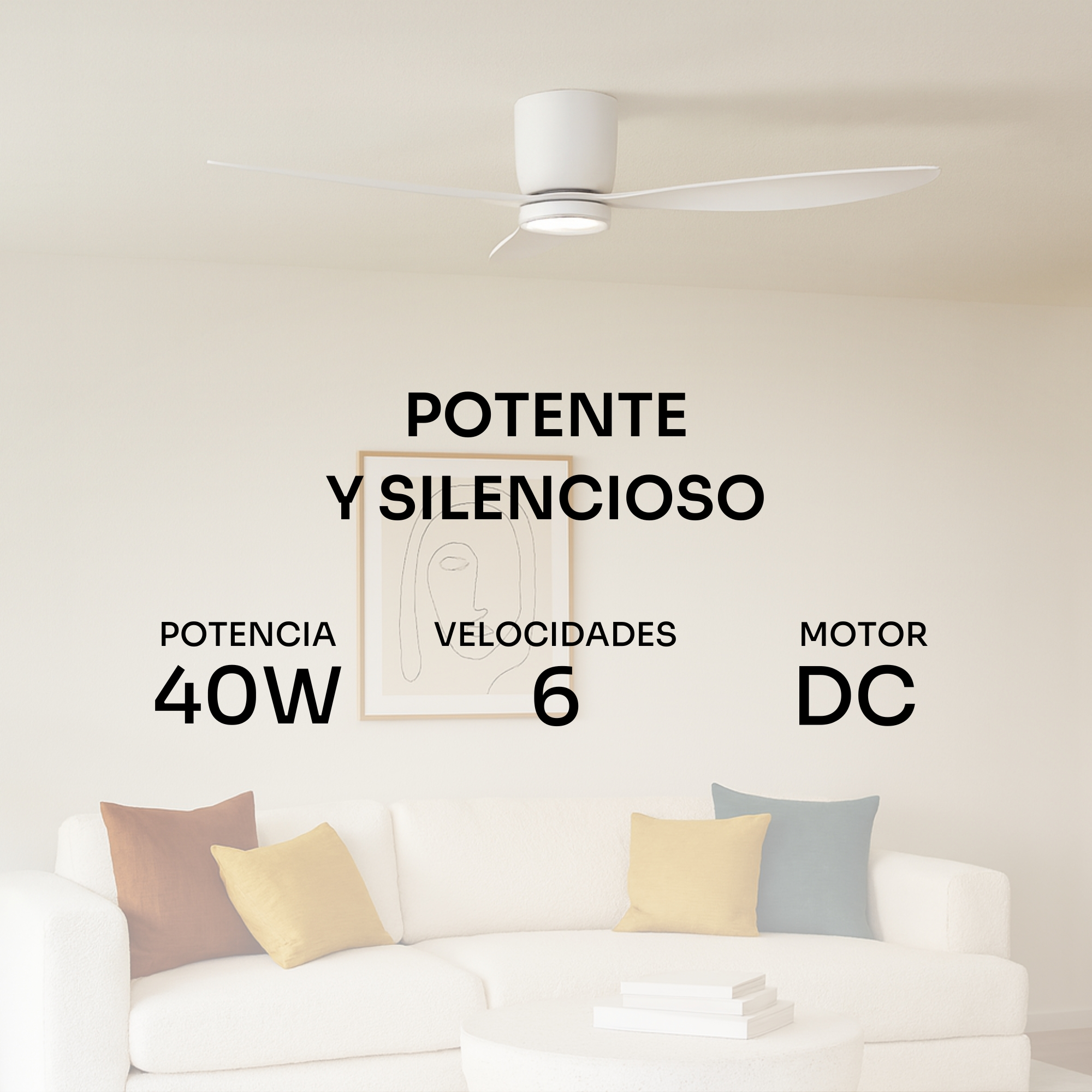 Un ventilatore da soffitto bianco con luce sopra un divano con cuscini.