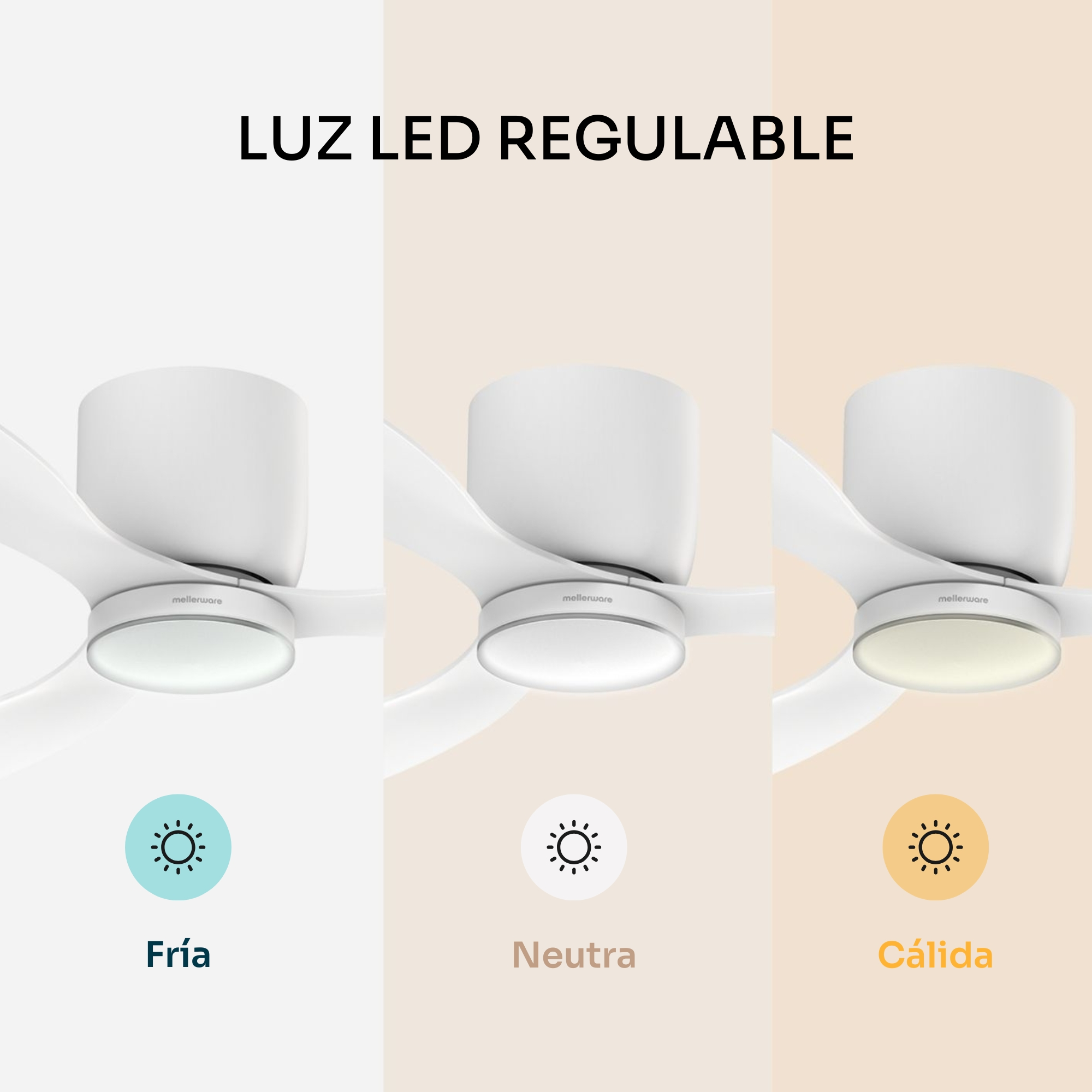 Ventilatore da soffitto con luce LED regolabile in tre temperature di colore: Fredda, Neutra e Calda.