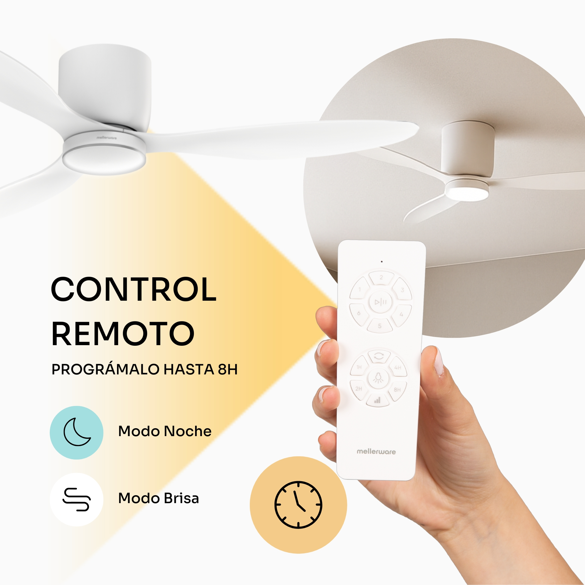 Un telecomando bianco è tenuto per un ventilatore a soffitto. Le icone indicano le modalità.