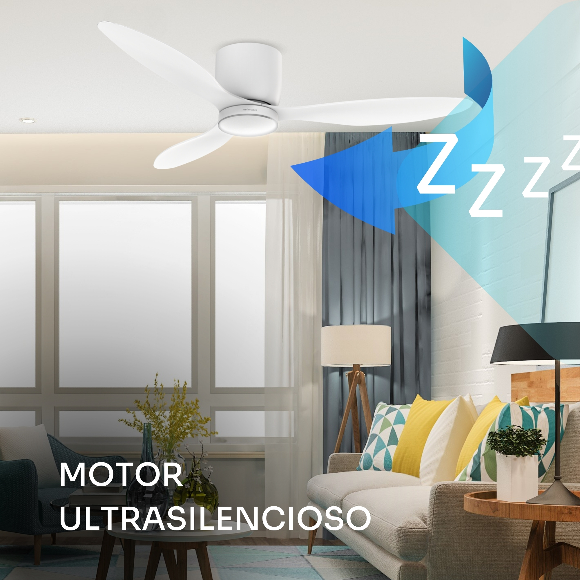 Un ventilatore da soffitto bianco sopra un soggiorno con divano e lampade.