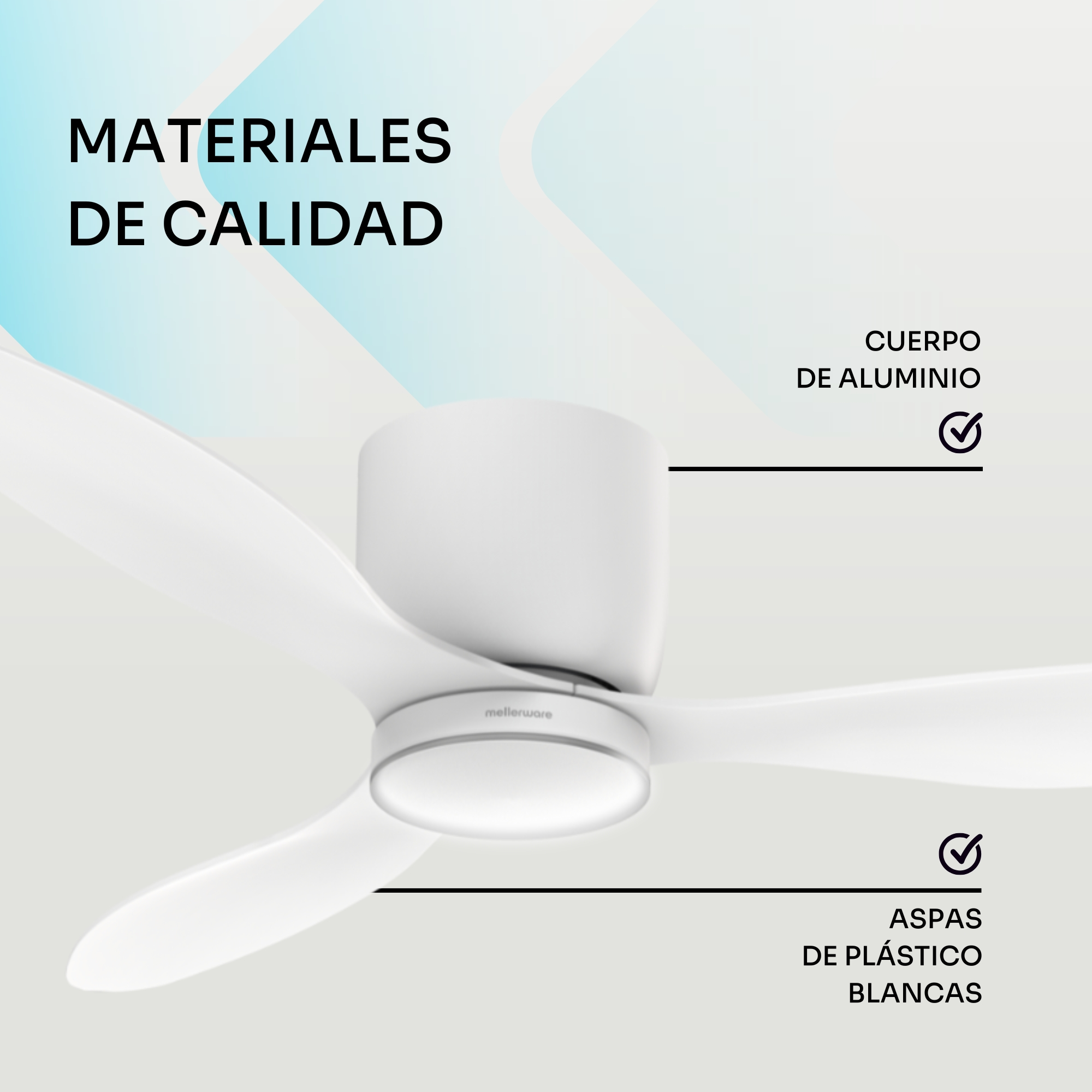 Un ventilatore da soffitto bianco con corpo in alluminio e pale in plastica.