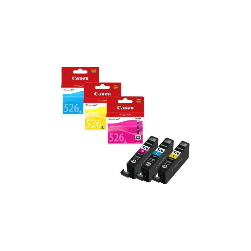 Trois cartouches d'encre Canon 526 emballées et trois cartouches libres.