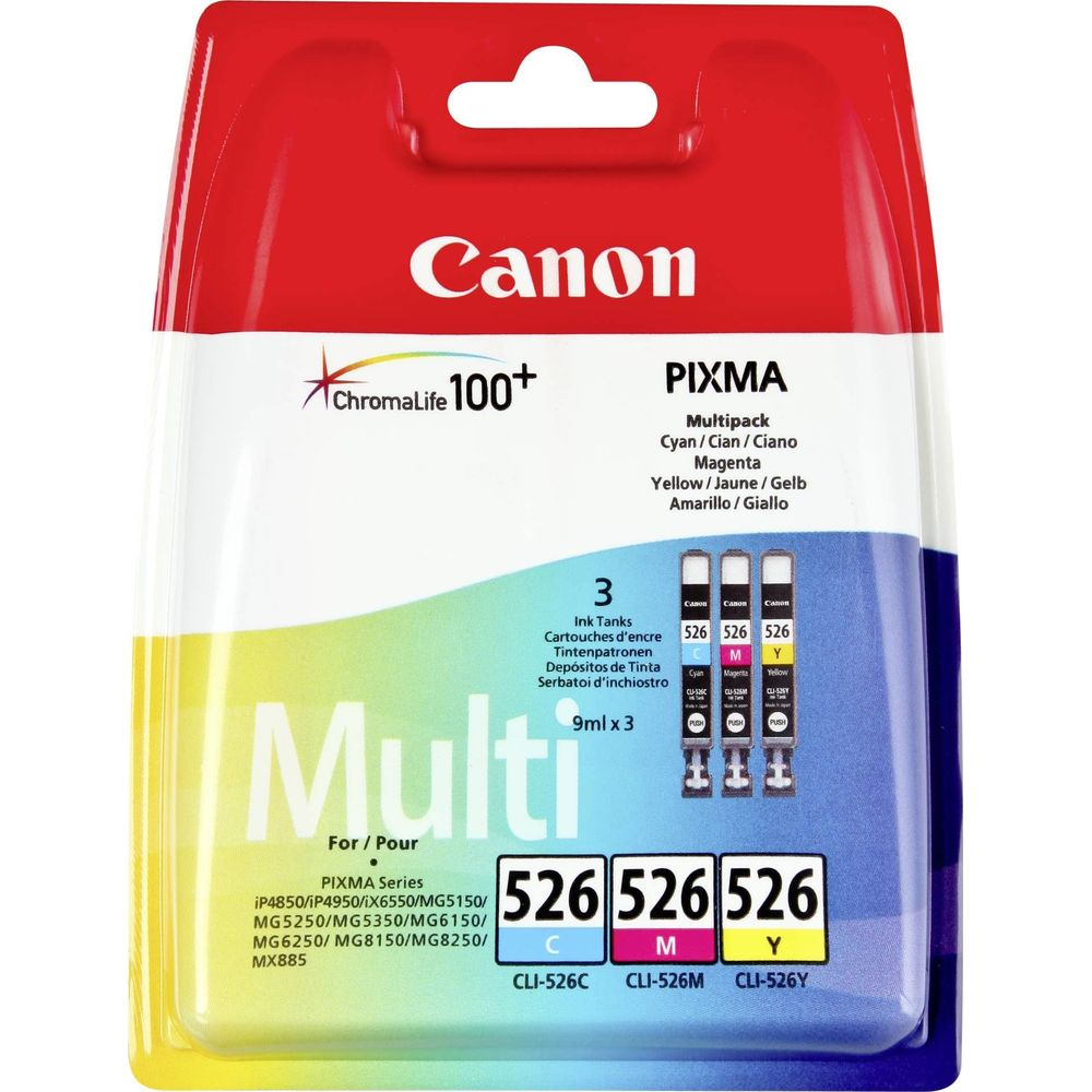 Pack multiple Canon PIXMA avec 3 cartouches d'encre Cyan, Magenta et Jaune.