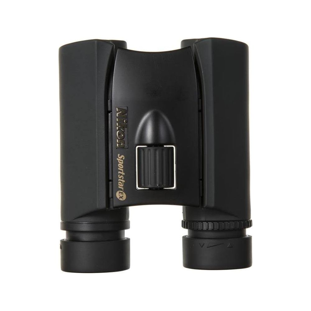 Czarne lornetki Nikon Sportstar EX z kółkiem ostrości i radełkowanymi pierścieniami.