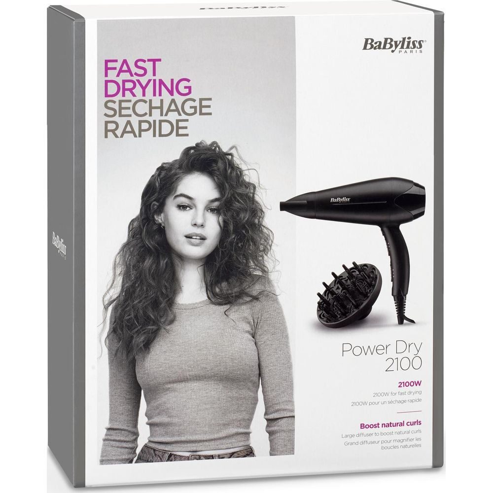 Verpackung eines BaByliss Haartrockners mit Frau und Diffusor.