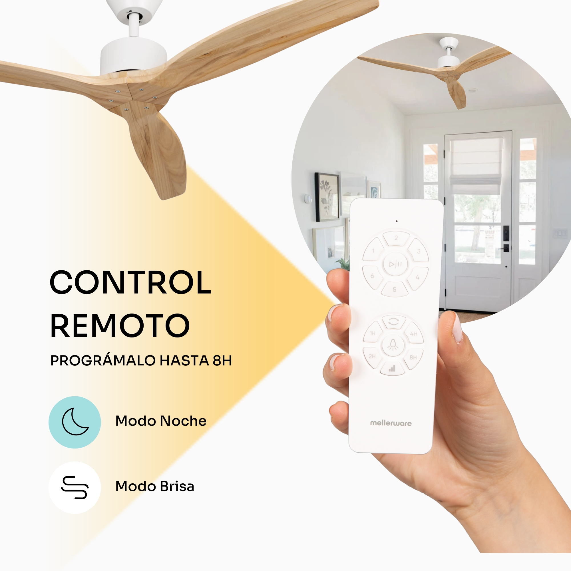 Ventilatore da soffitto con pale in legno e telecomando, mostra modalità notte/brezza.