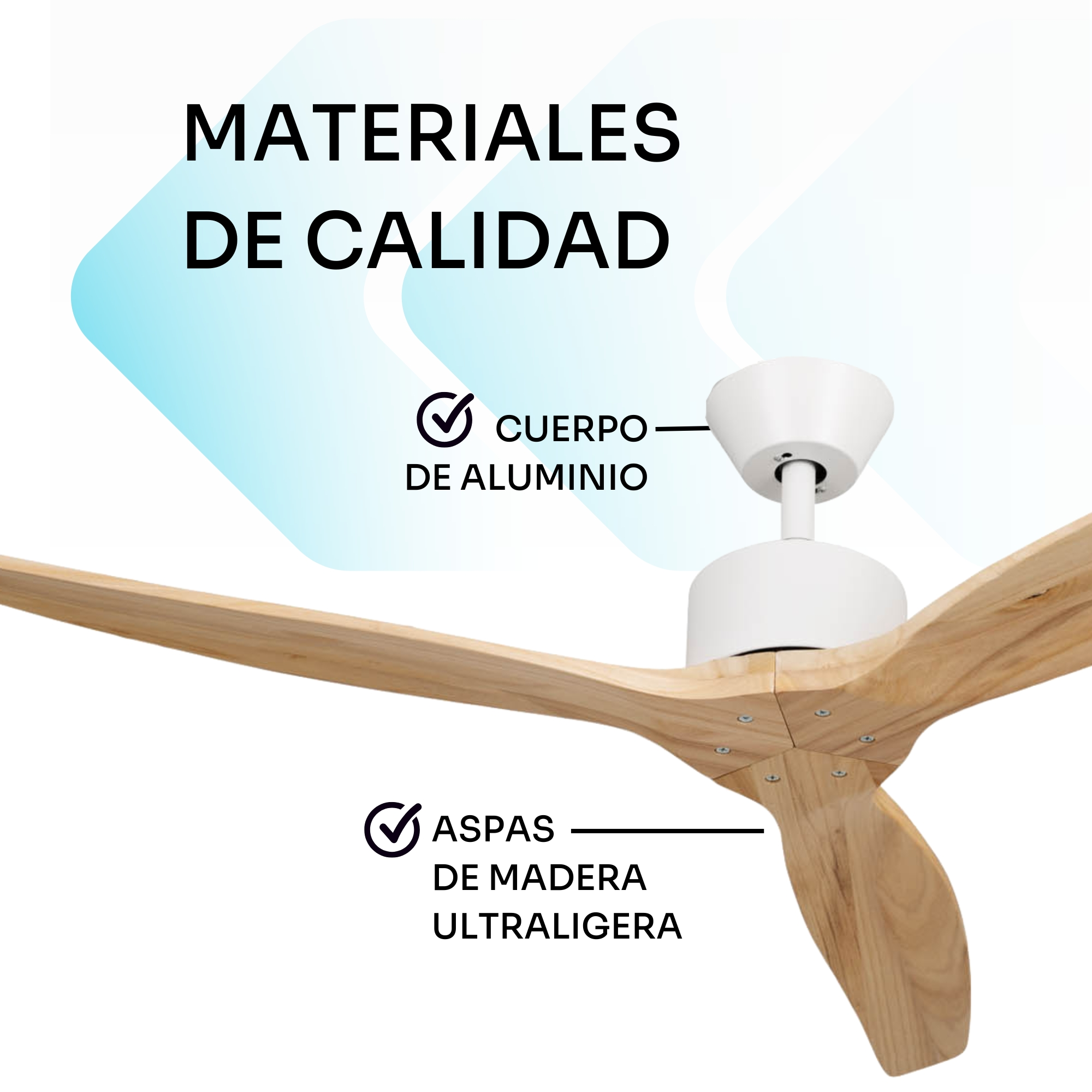 Ventilatore da soffitto con corpo in alluminio bianco e pale in legno.