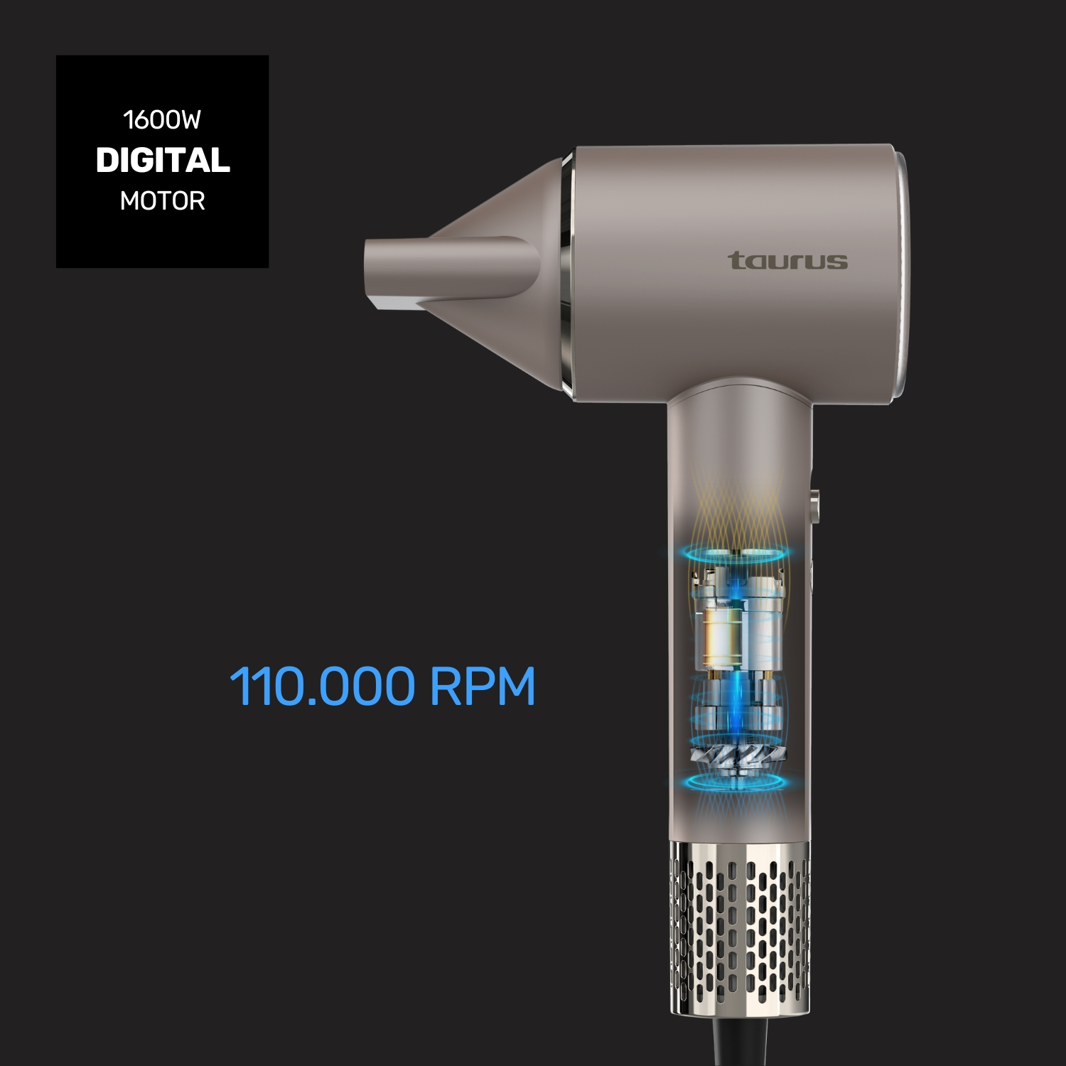 Un secador de pelo gris con corte que muestra el motor. Motor digital de 1600W.