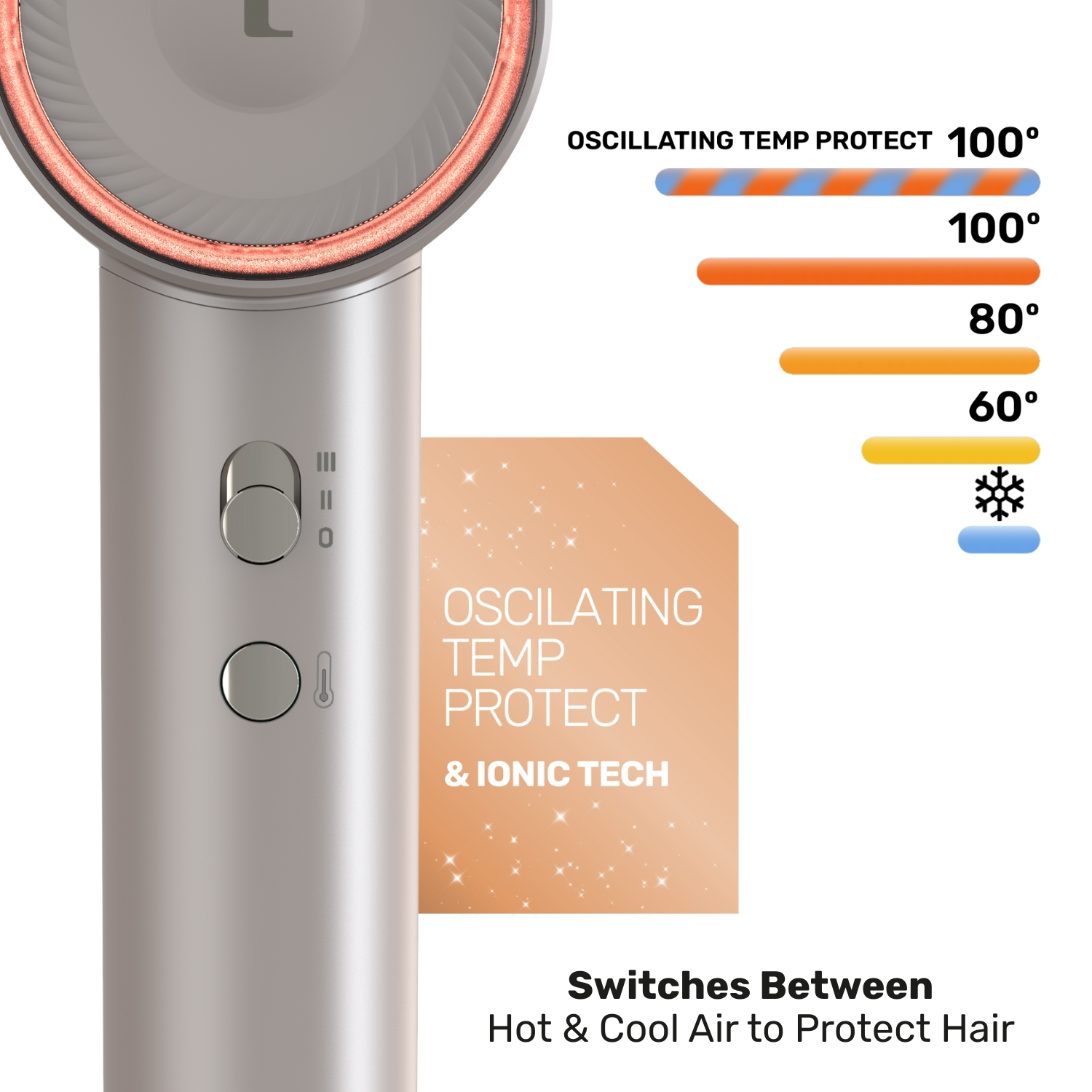 Un secador de pelo plateado con controles de temperatura y velocidad e indicadores.