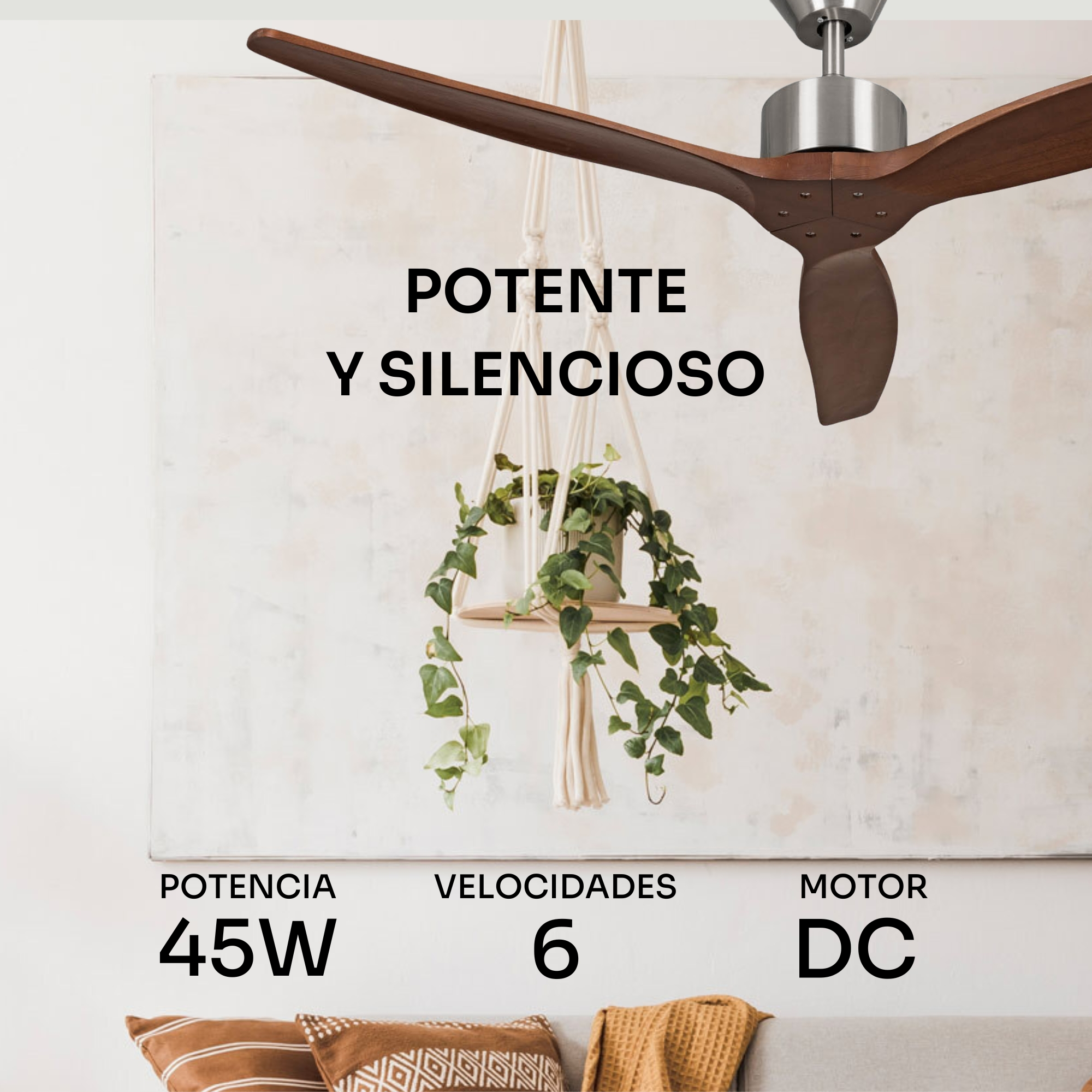Ventilador de techo con aspas de madera, planta colgante, texto: Potente.