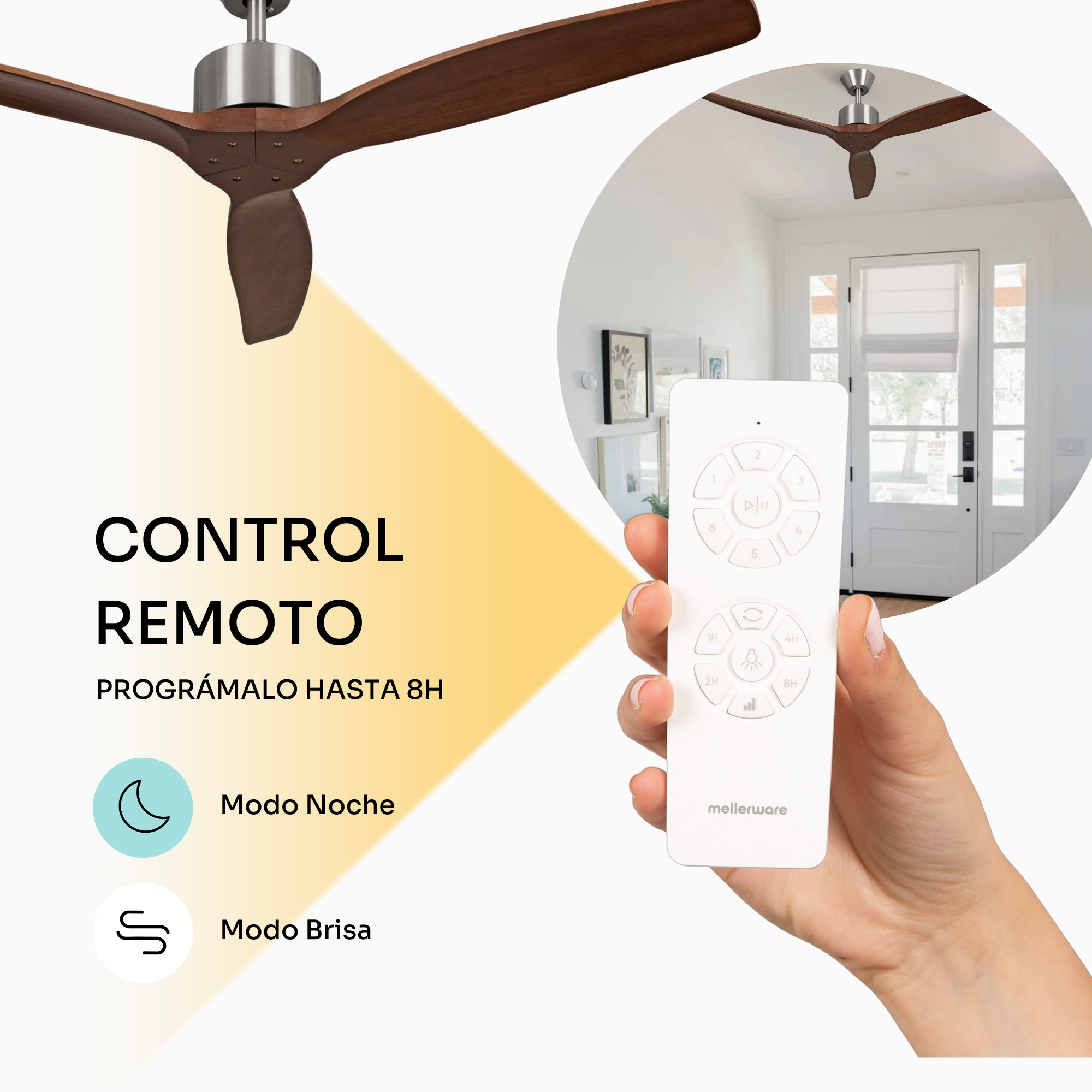 Una mano sostiene un control remoto blanco para ventilador de techo de madera.