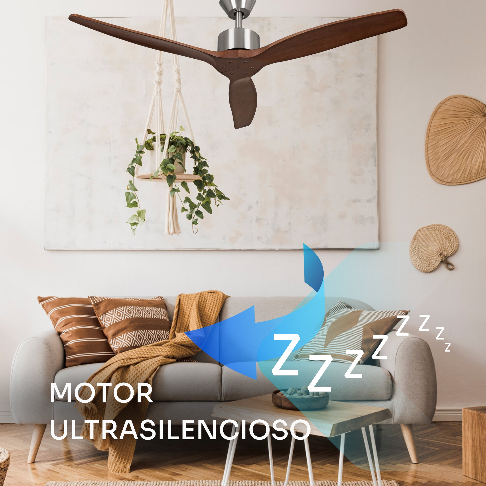 Ventilador de techo con aspas de madera sobre un sofá. "MOTOR ULTRASILENCIOSO".