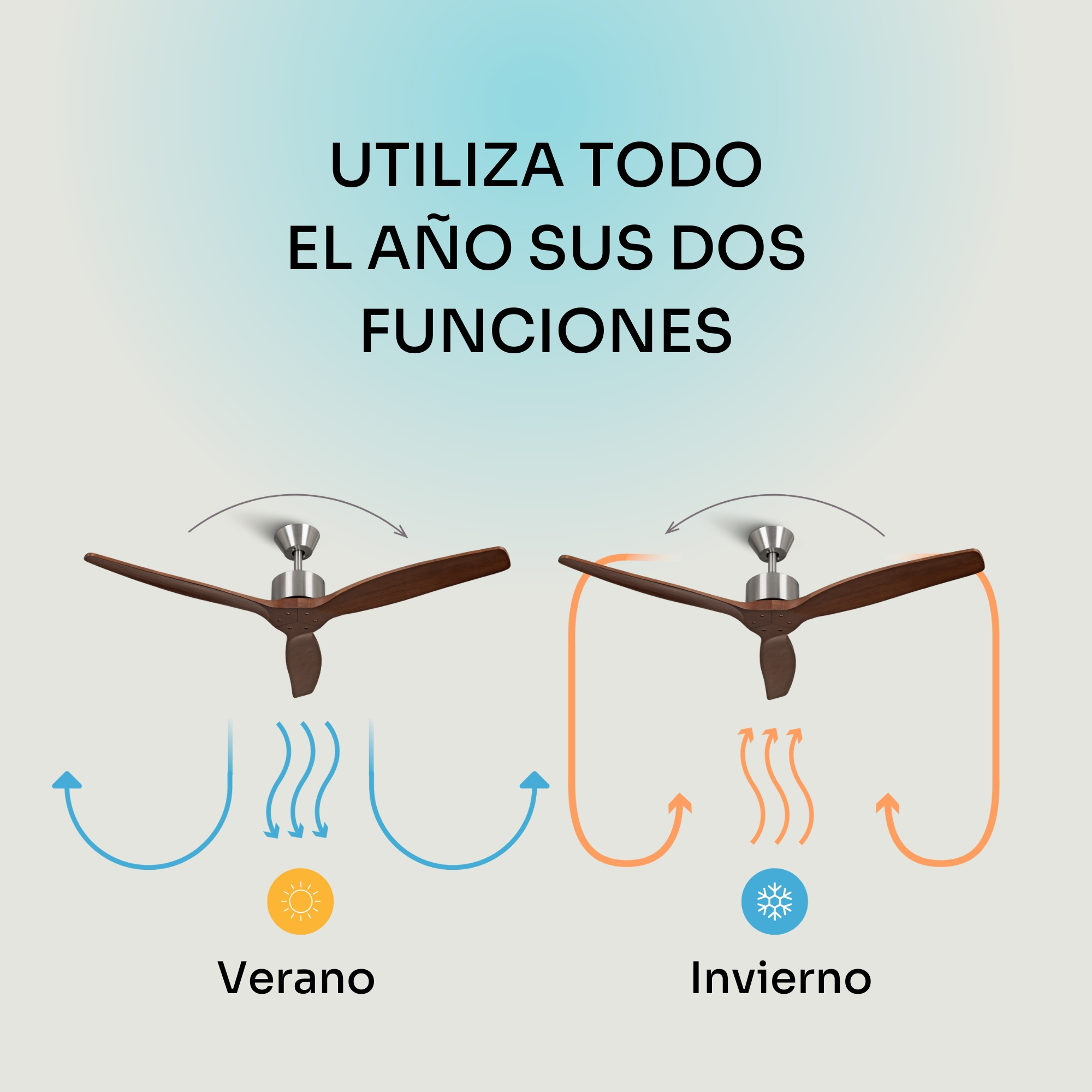 Ventiladores de techo para verano e invierno con indicadores de flujo.