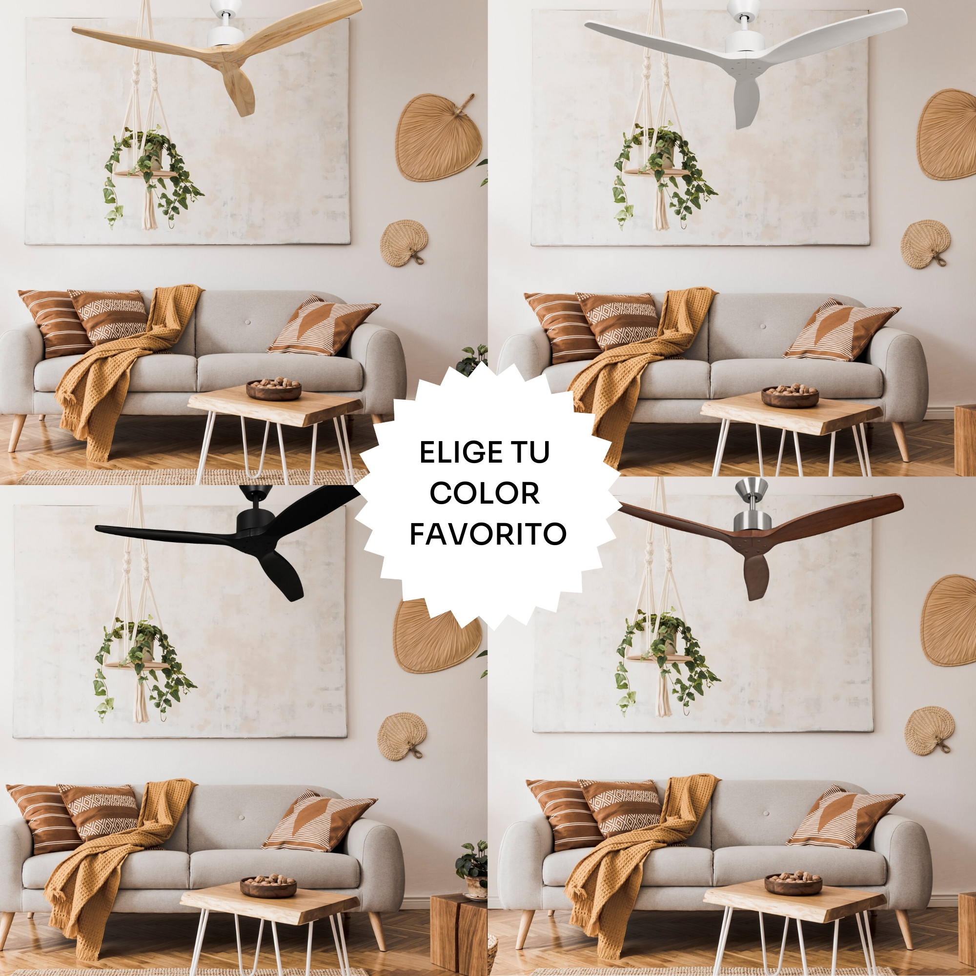 Cuatro ventiladores de techo en una sala con sofá, mesa y decoración de pared.