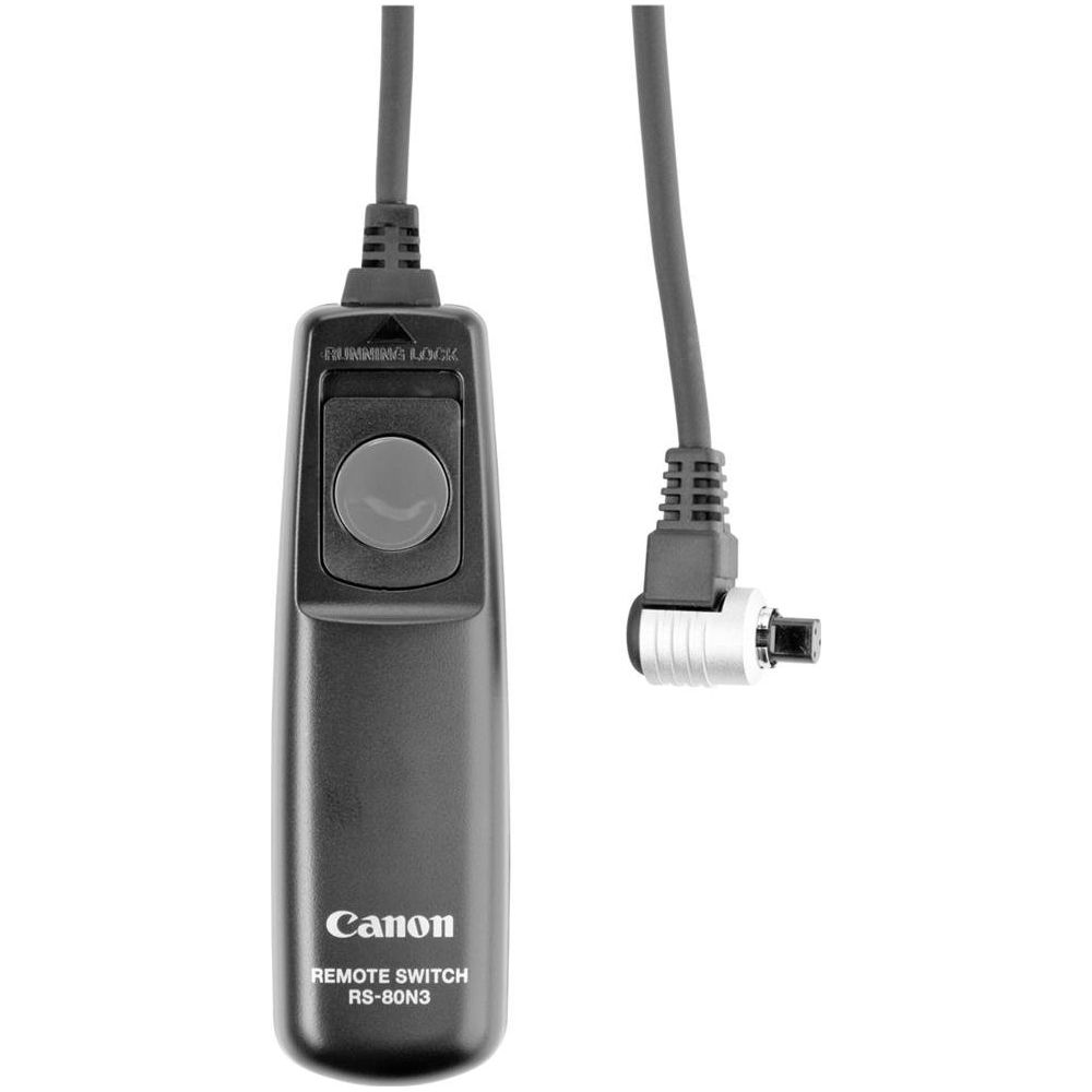 Een zwarte Canon RS-80N3 afstandsschakelaar met ronde knop en kabel.