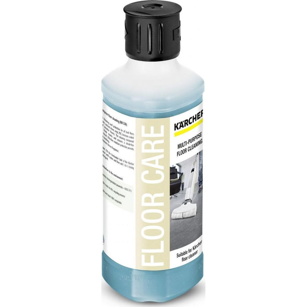 Kärcher Bodenpflege Flasche mit blauem Reiniger und schwarzem Deckel.