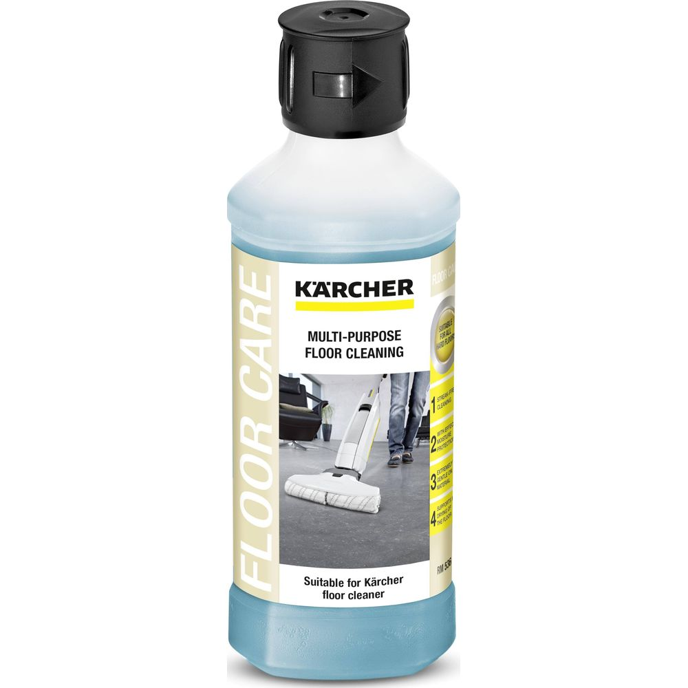 Flasche Kärcher Mehrzweck-Bodenreiniger mit blauem Inhalt und schwarzem Deckel.