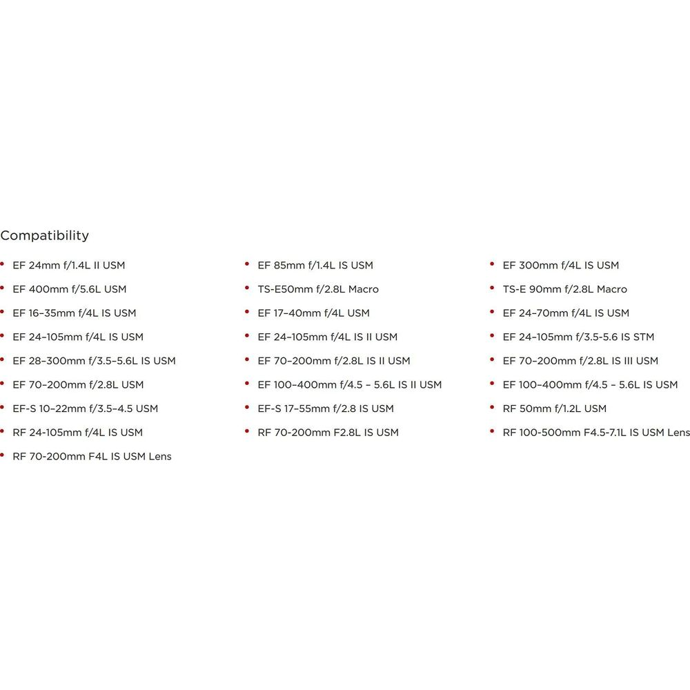 Lista kompatybilności różnych obiektywów Canon, przedstawiona w trzech kolumnach.