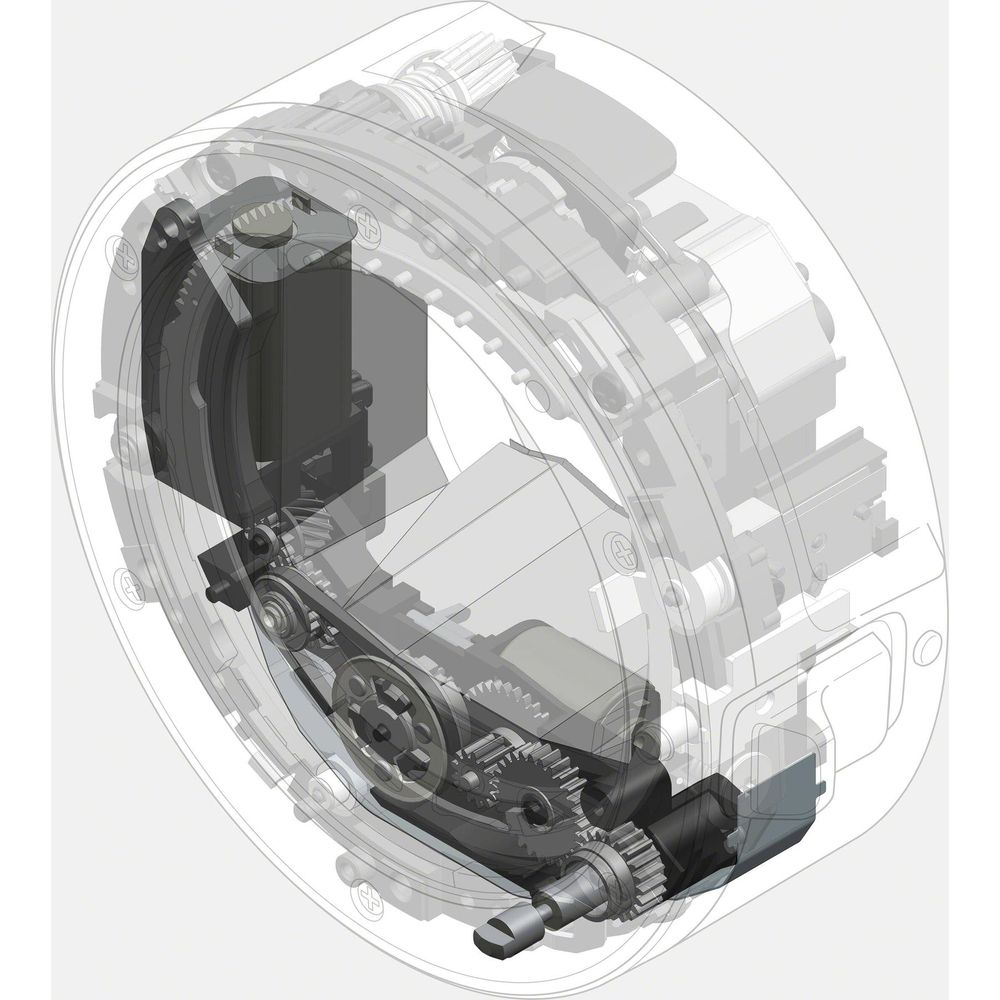 Transparente technische Zeichnung einer mechanischen Vorrichtung mit Zahnrädern und Motor.