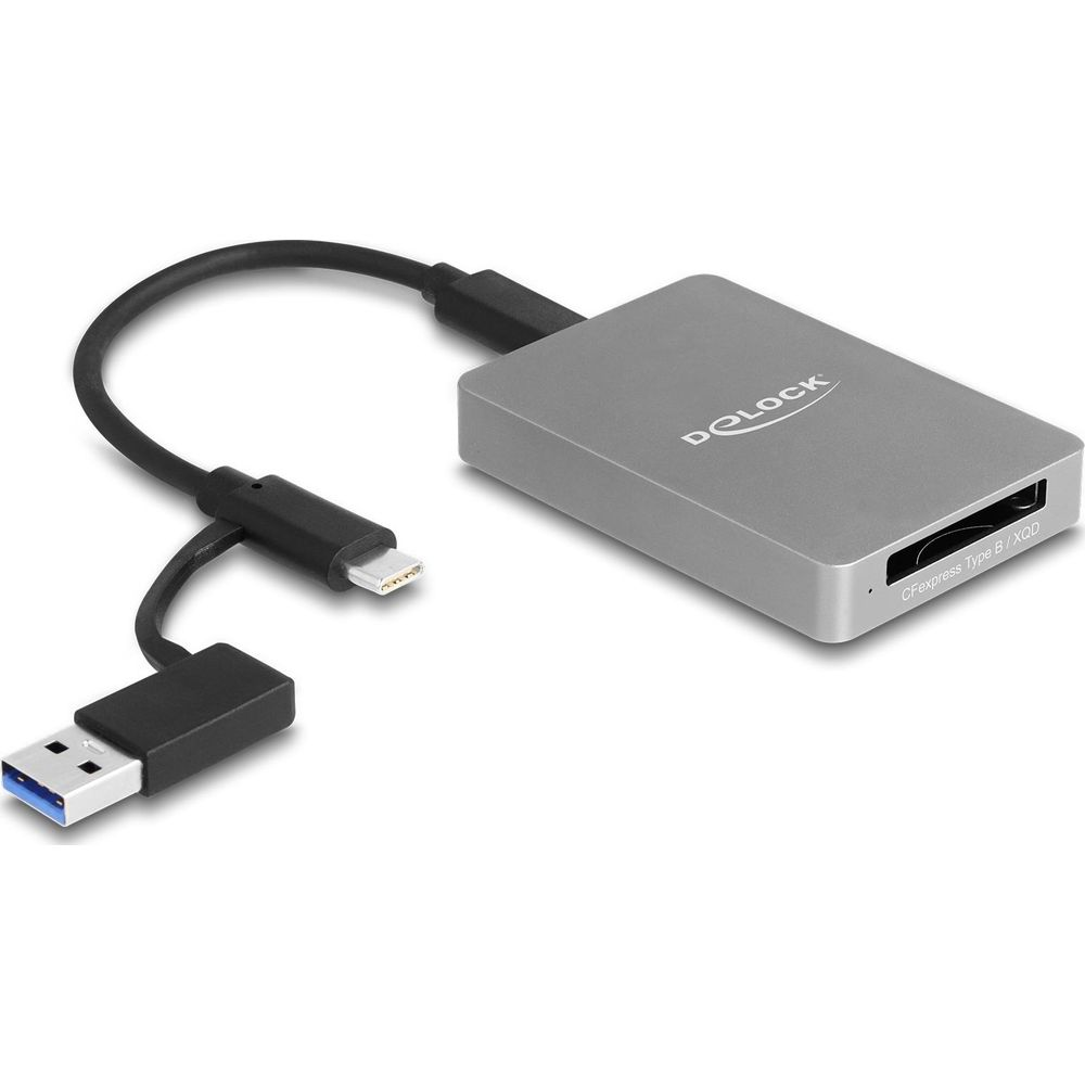 Ein silberner Kartenleser mit USB-A- und Lightning-Anschlüssen.