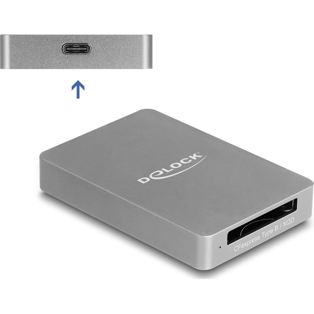 Silbernes Lesegerät mit USB-C-Anschluss oben und CFexpress-Slot vorne.