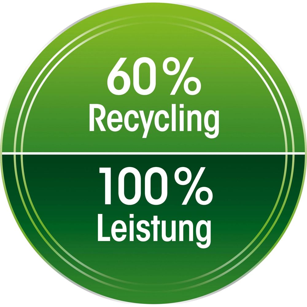 Círculo verde con texto: 60% Reciclaje, 100% Rendimiento.