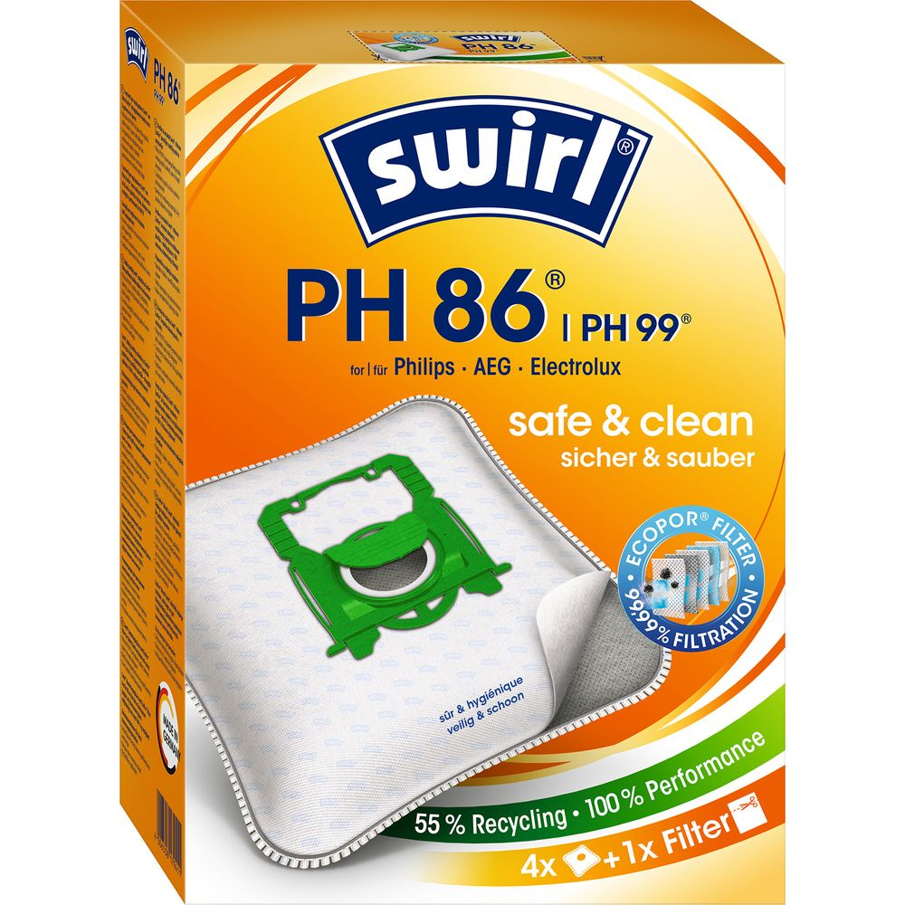 Embalaje para bolsas de aspiradora Swirl PH 86 con conector verde.