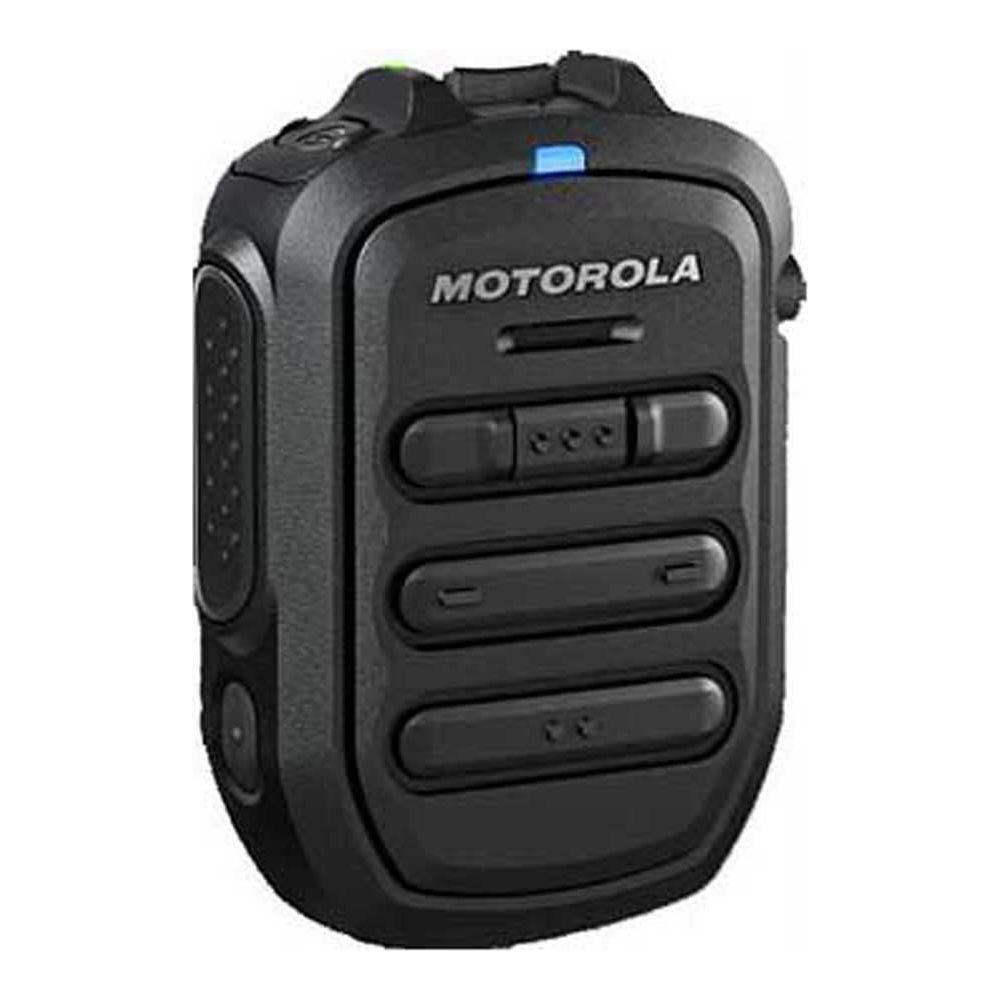 Radio Motorola nera con pulsanti e luce blu su sfondo bianco.