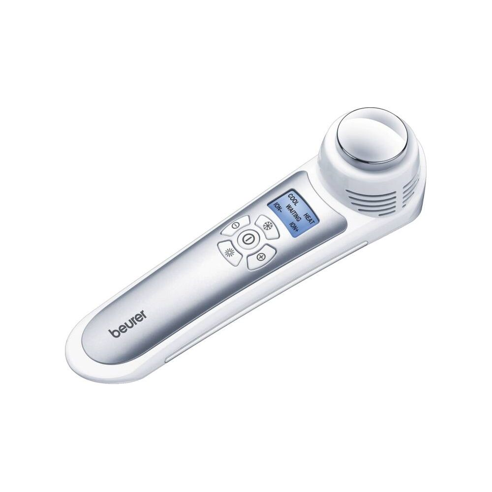 Un dispositivo Beurer bianco con pulsanti, schermo e anello argentato.