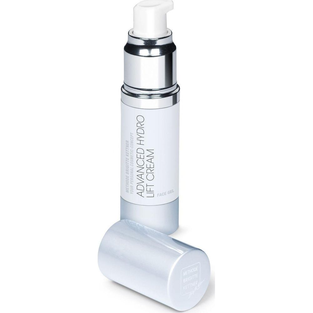 Un erogatore bianco con tappo argentato e etichetta "ADVANCED HYDRO LIFT CREAM".