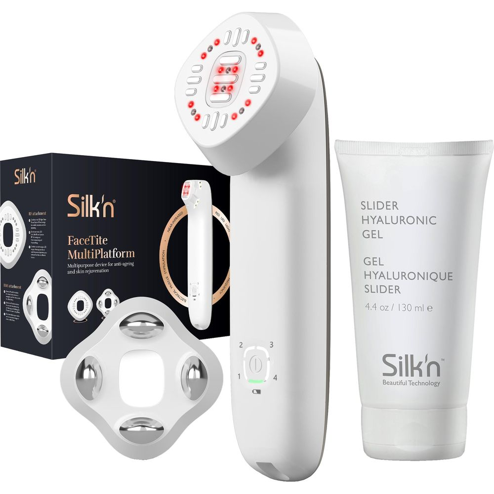 Ein Silk'n Hautpflegegerät mit Gel, Box und Zubehör auf weißem Hintergrund.