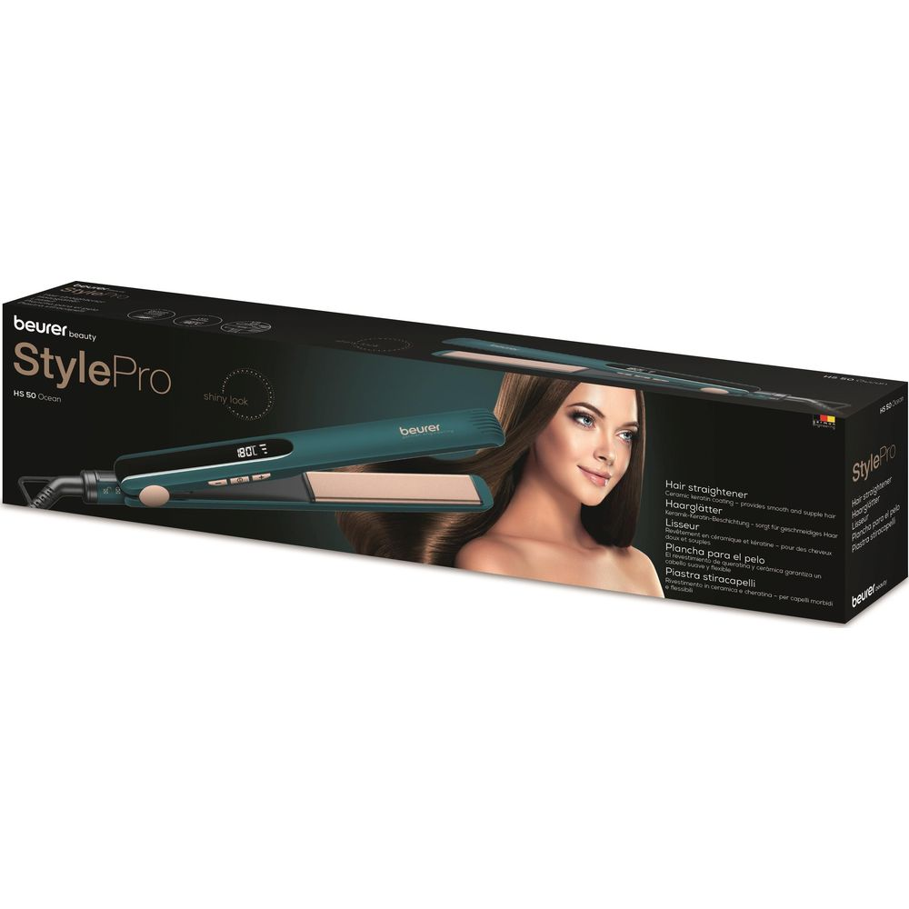 Beurer StylePro Haarglätter mit 180°C und Keramikbeschichtung, neben Frau mit langen Haaren.