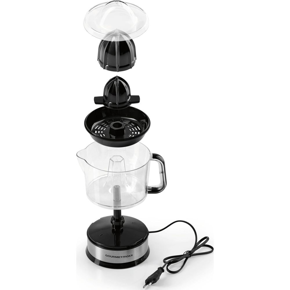 Un spremiagrumi elettrico con caraffa trasparente e base nera, mostrato smontato.