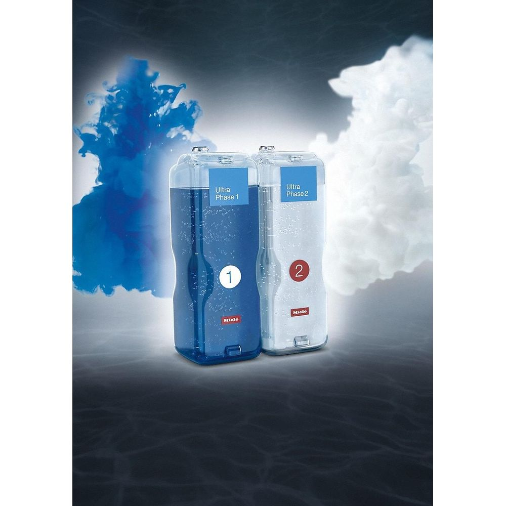 Due contenitori Miele Ultra Phase, blu e bianchi, con nebbia sullo sfondo.