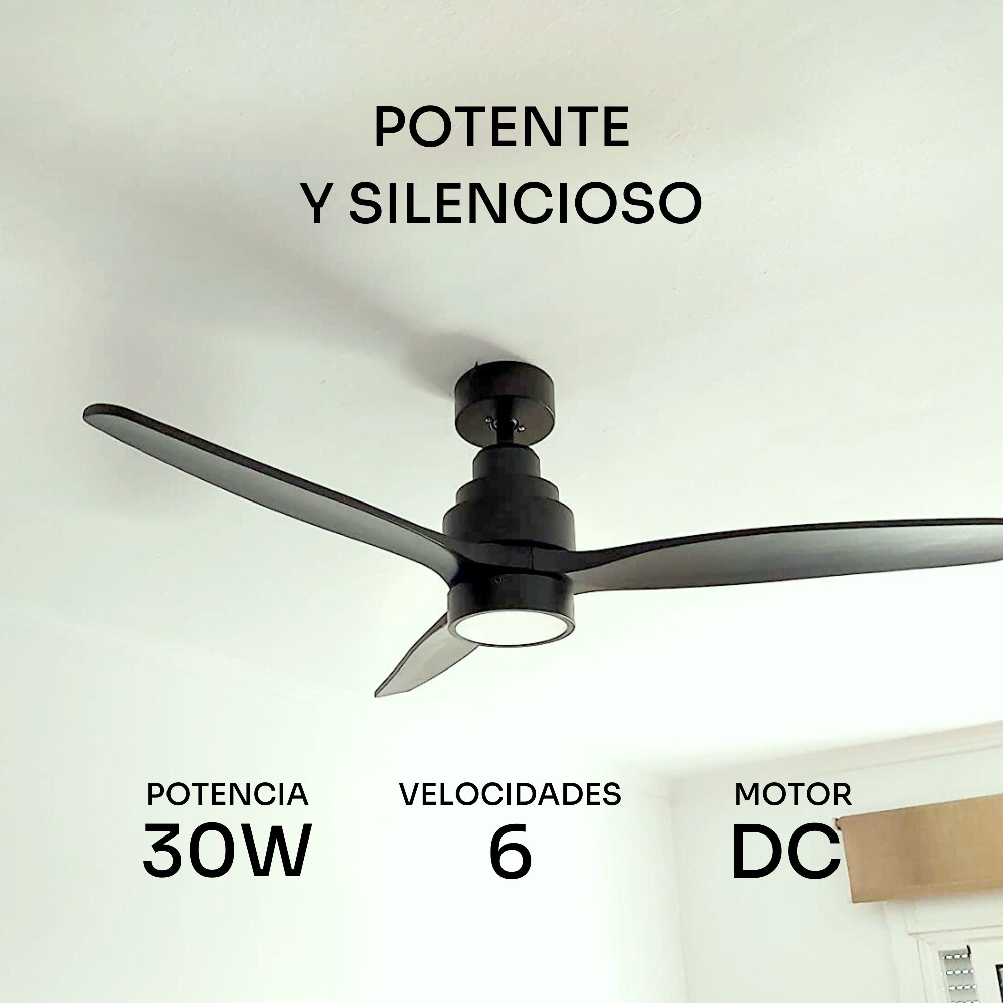 Ventilador de techo negro de 3 aspas, 30W, 6 velocidades, motor DC.
