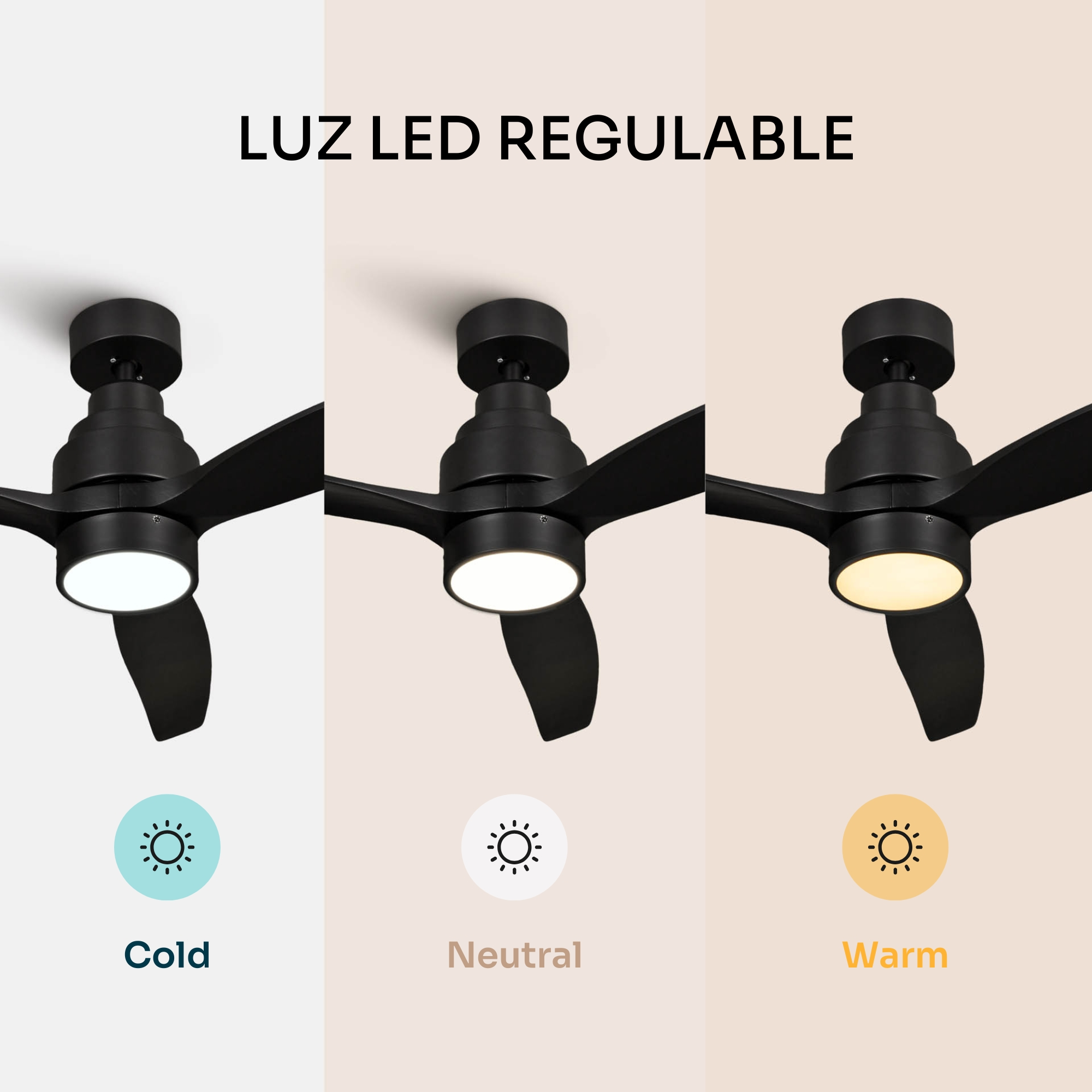 Tres ventiladores de techo negros con luces LED en tonos fríos, neutros y cálidos.