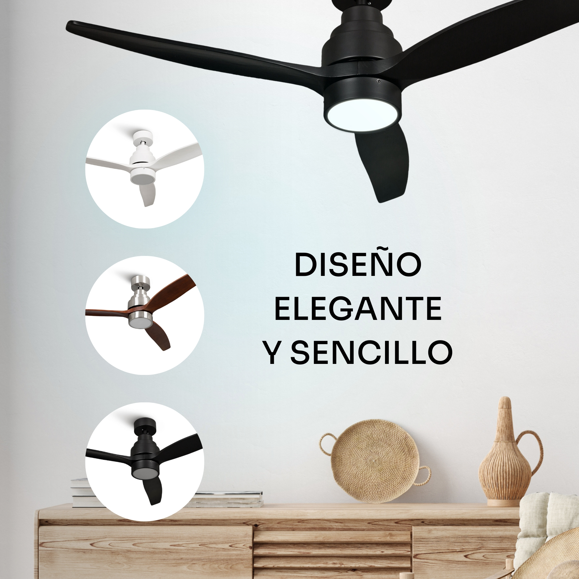 Ventiladores de techo blancos, de madera y negros con luz. Diseño simple y elegante.