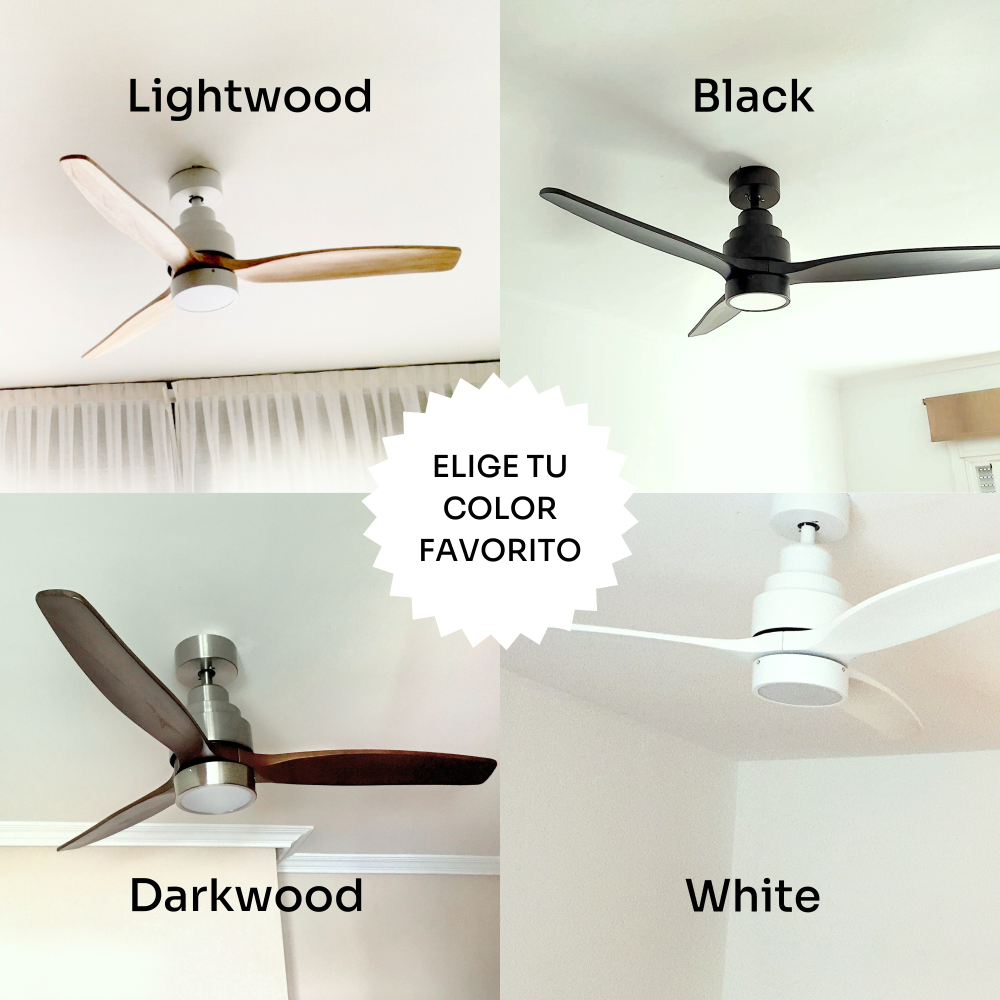 Cuatro ventiladores de techo: Madera clara, Negro, Madera oscura y Blanco.