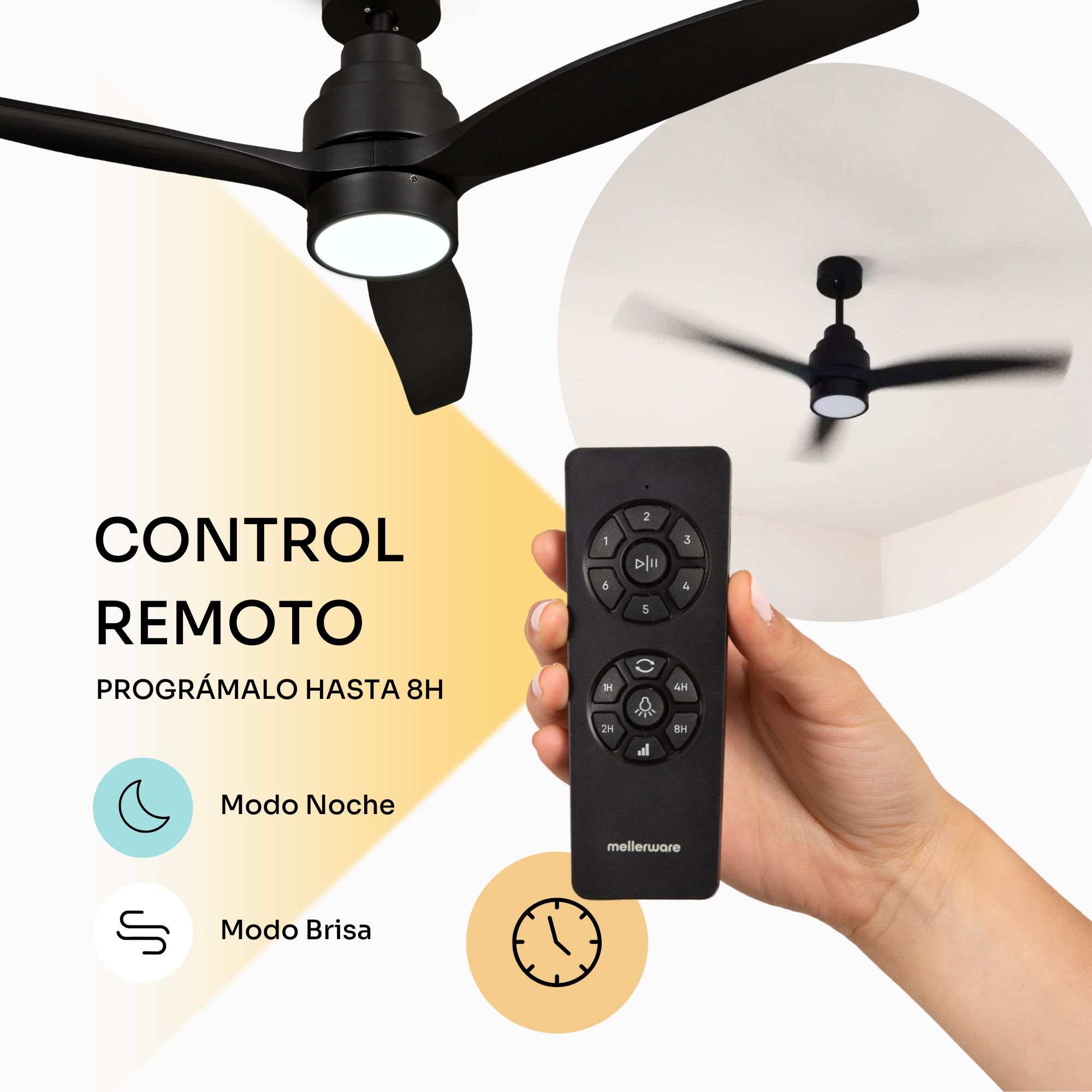 Ventilador de techo negro con mando a distancia y luz.