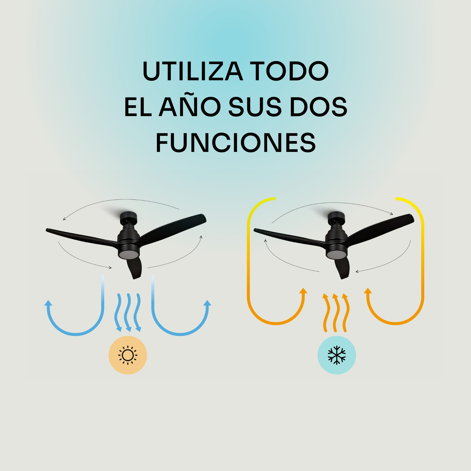 Dos ventiladores de techo: uno enfría, otro calienta. Muestra flujo de aire.