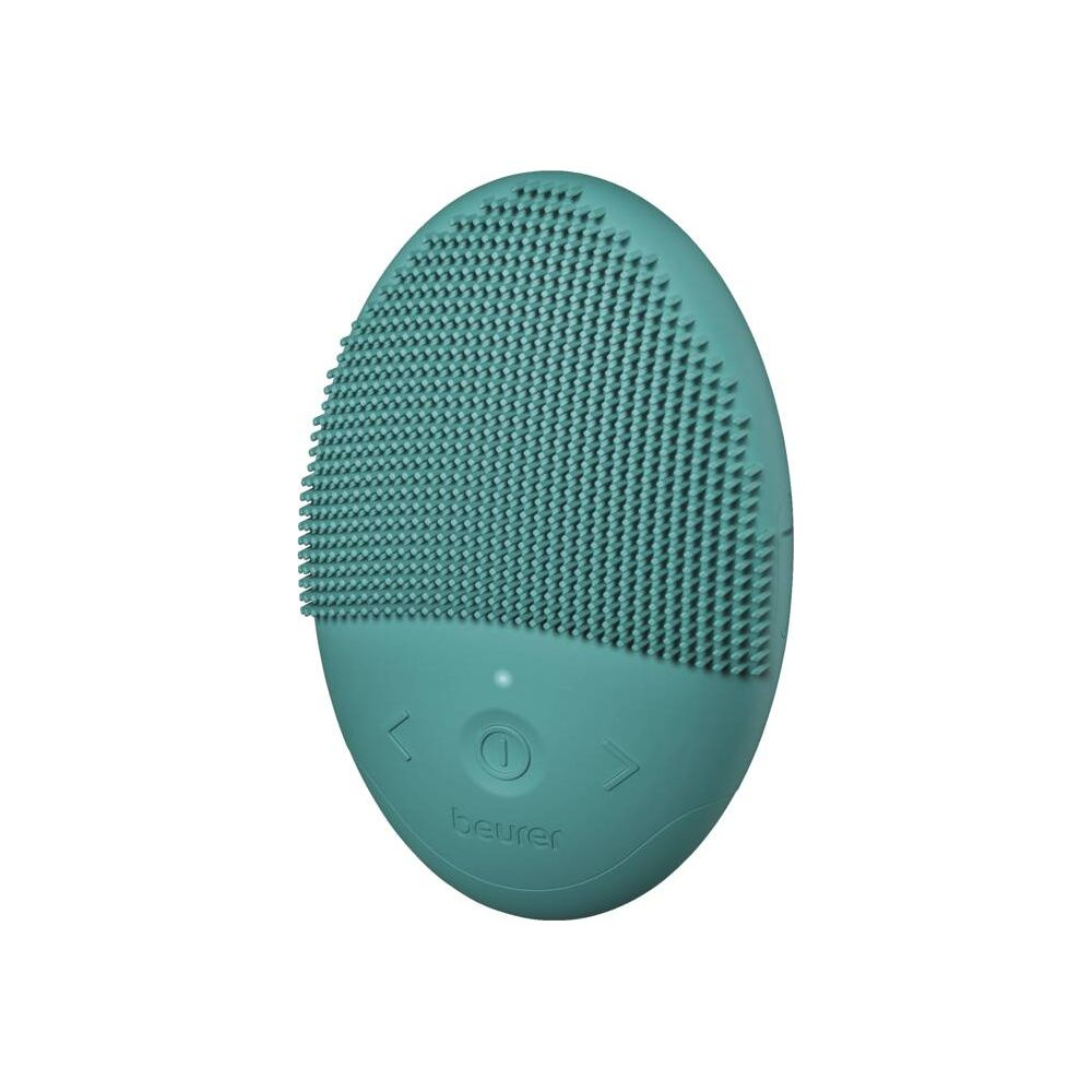 Un dispositivo per la pulizia del viso color verde acqua con setole e pulsanti.