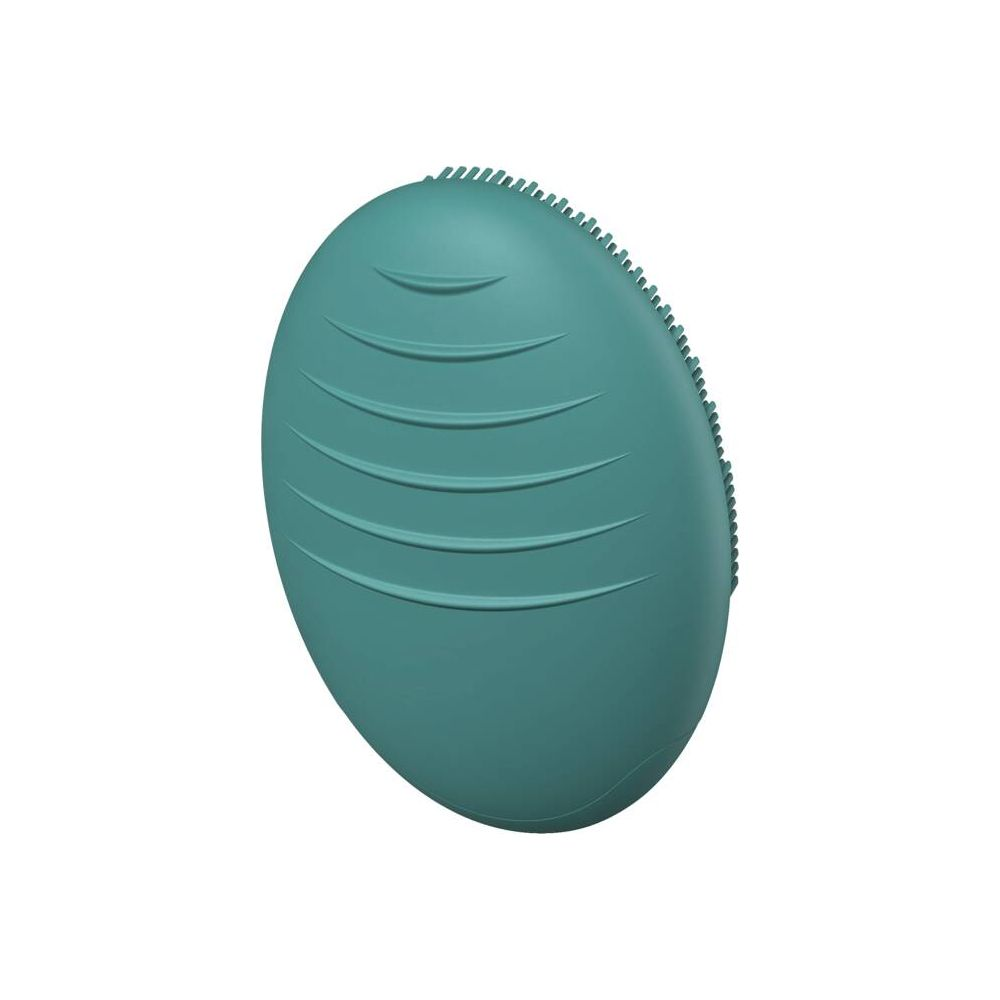 Un pennello detergente viso color ottanio con scanalature e setole.