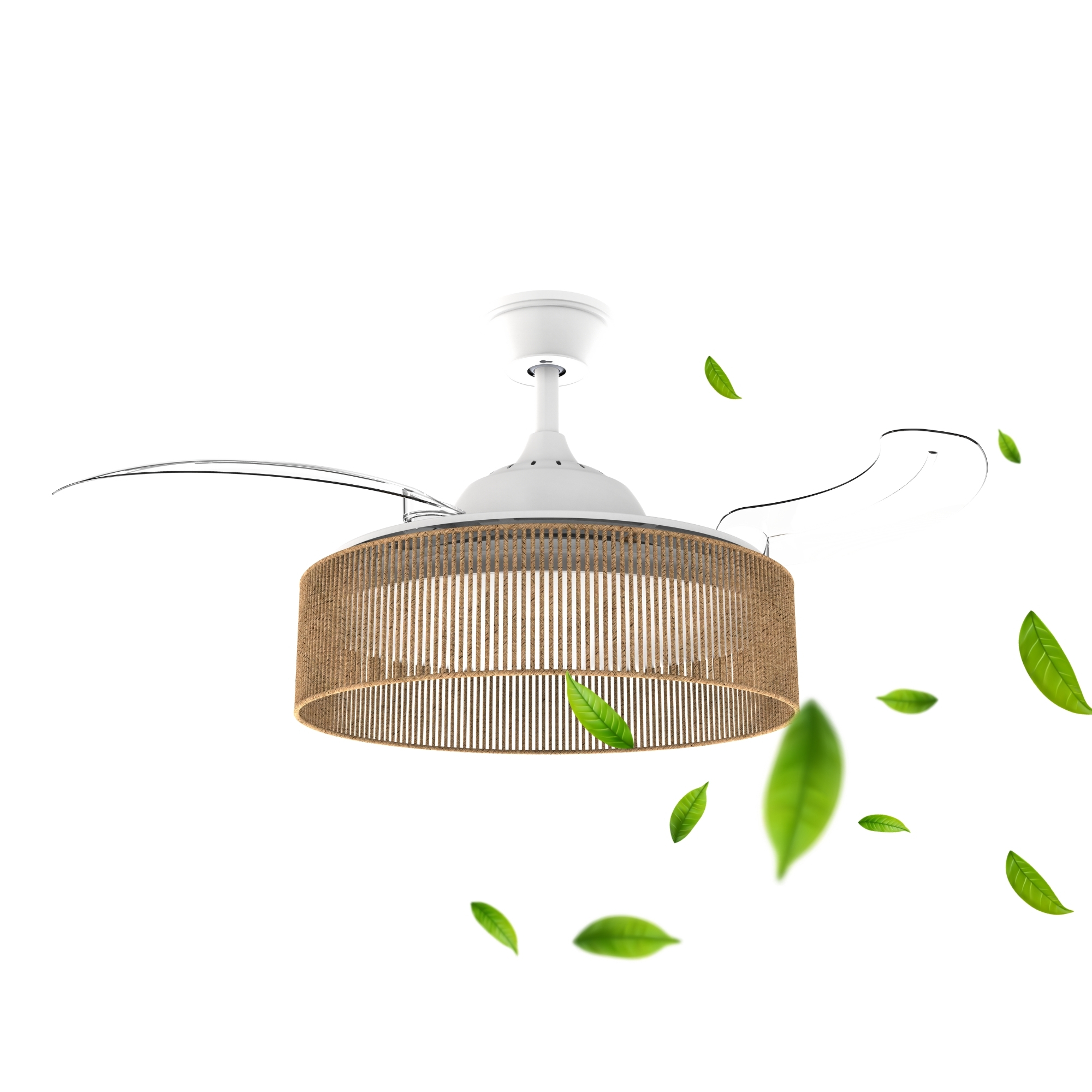 Ventilador de techo con pantalla de ratán y hojas revoloteando.