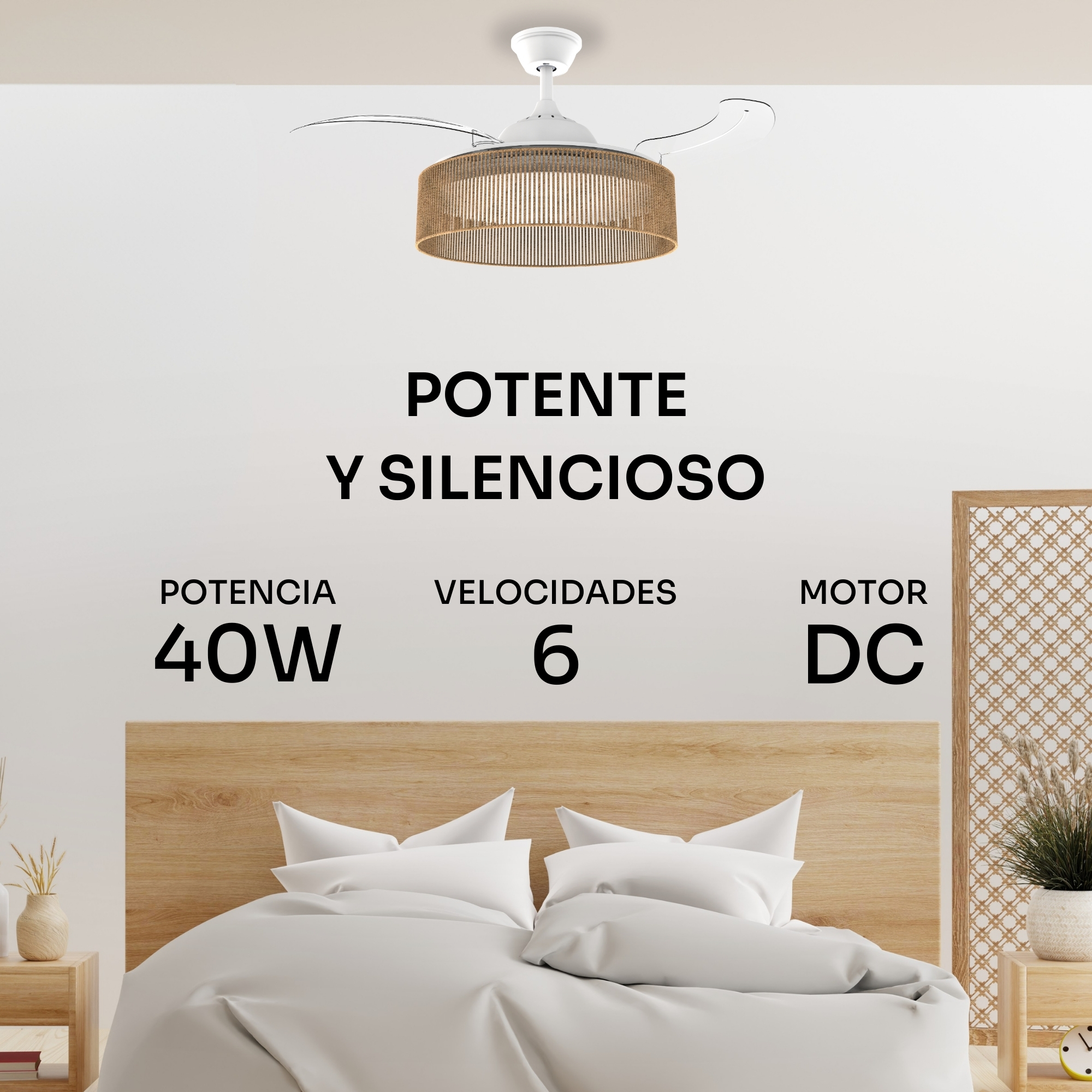 Ventilador de techo con luz de cesta y decoración de dormitorio.