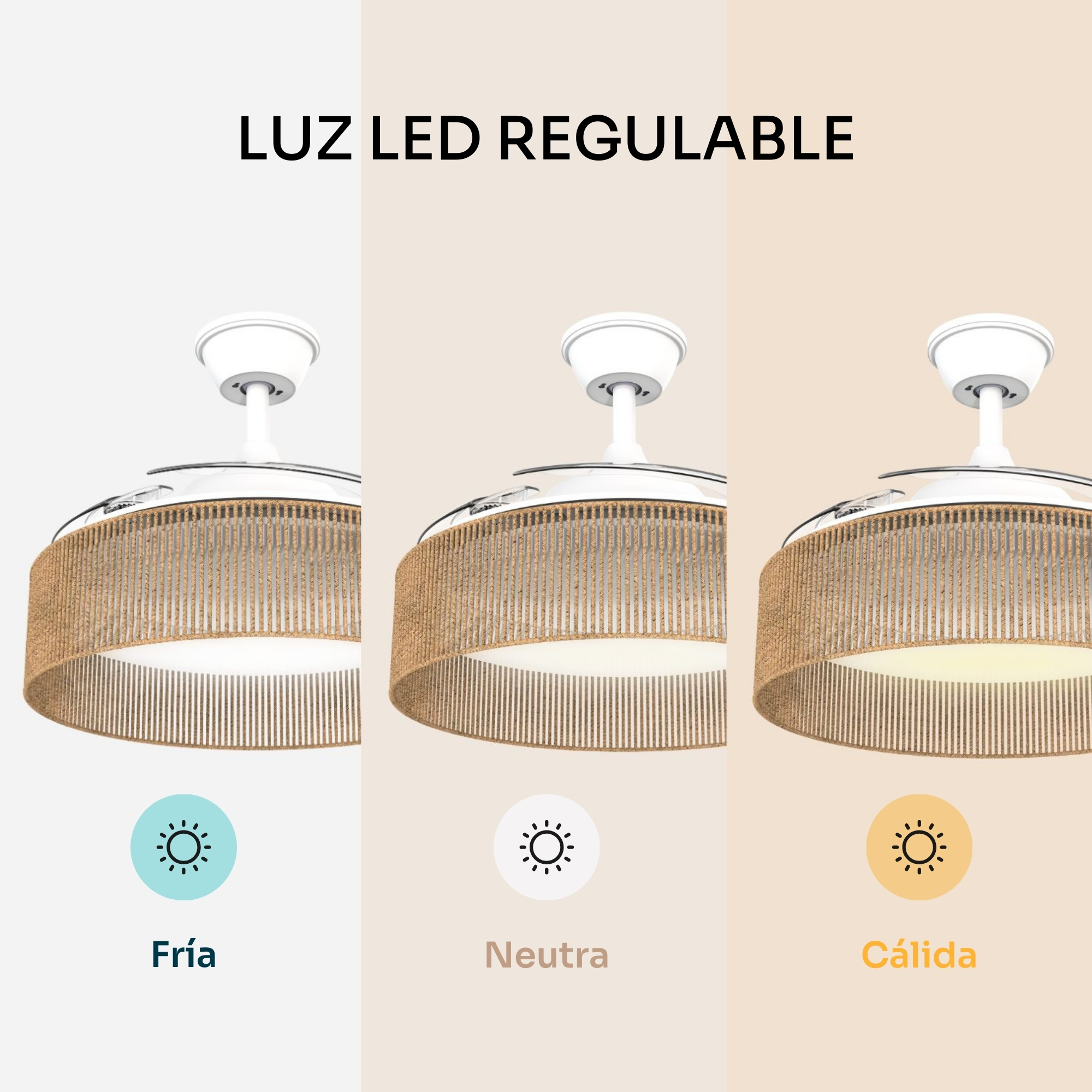 Ventilador de techo con tres modos de luz: fría, neutra y cálida.