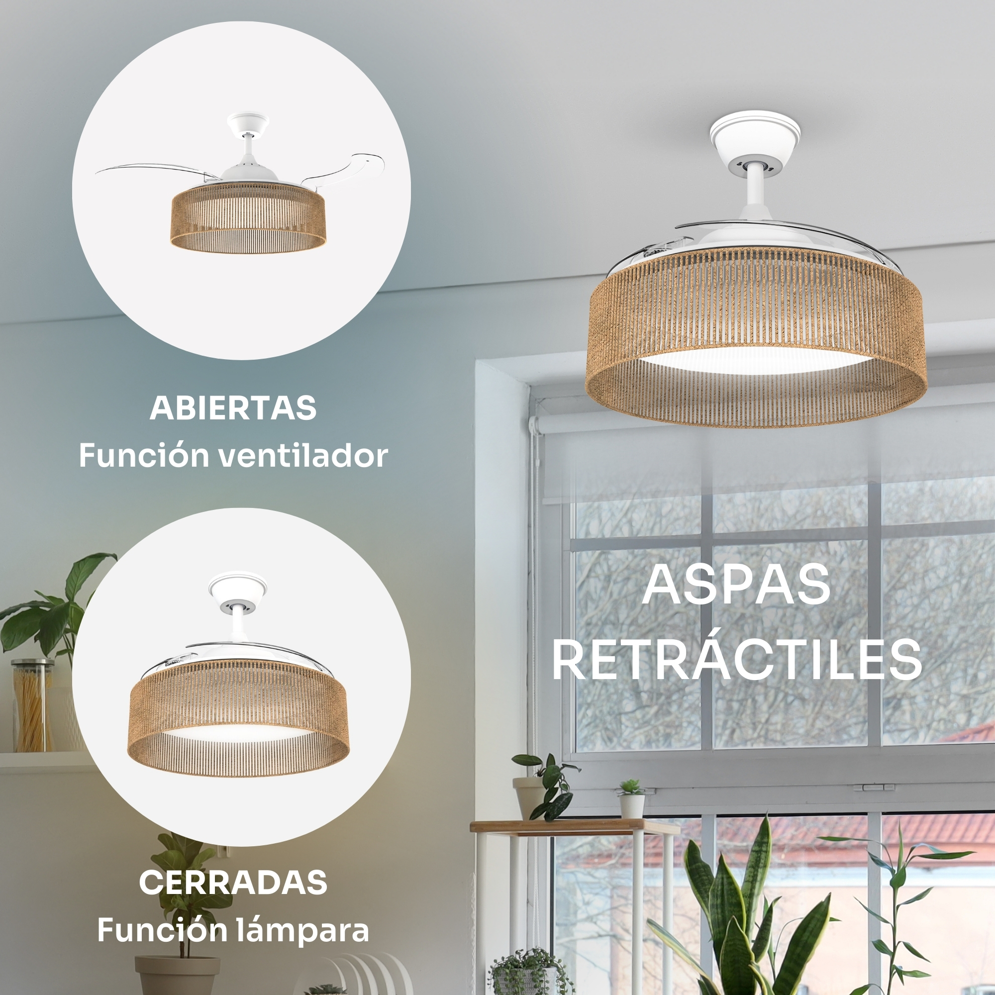 Un ventilador de techo con aspas retráctiles y pantalla tejida.