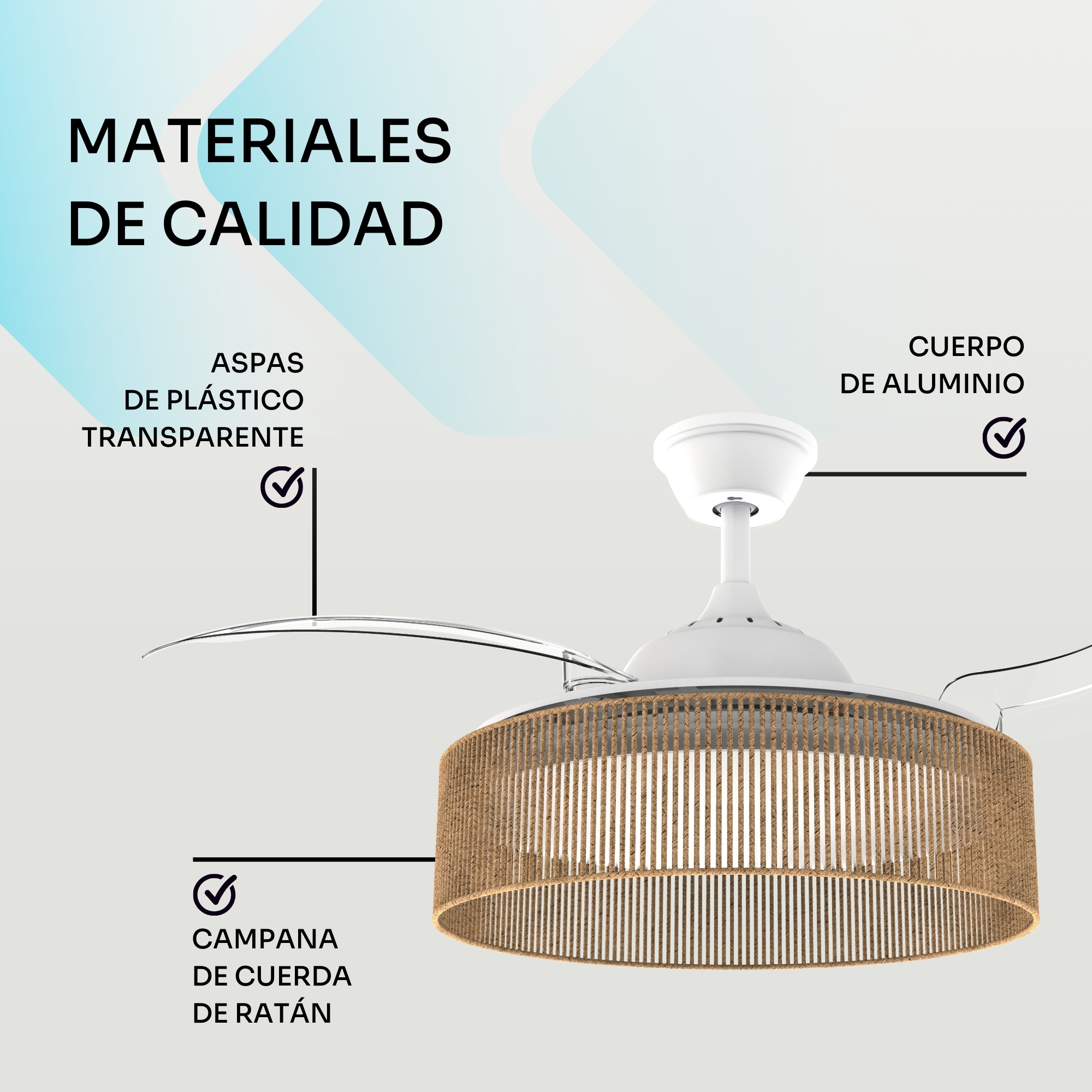 Ventilador de techo con partes metálicas blancas, aspas de plástico y campana de cuerda de ratán.
