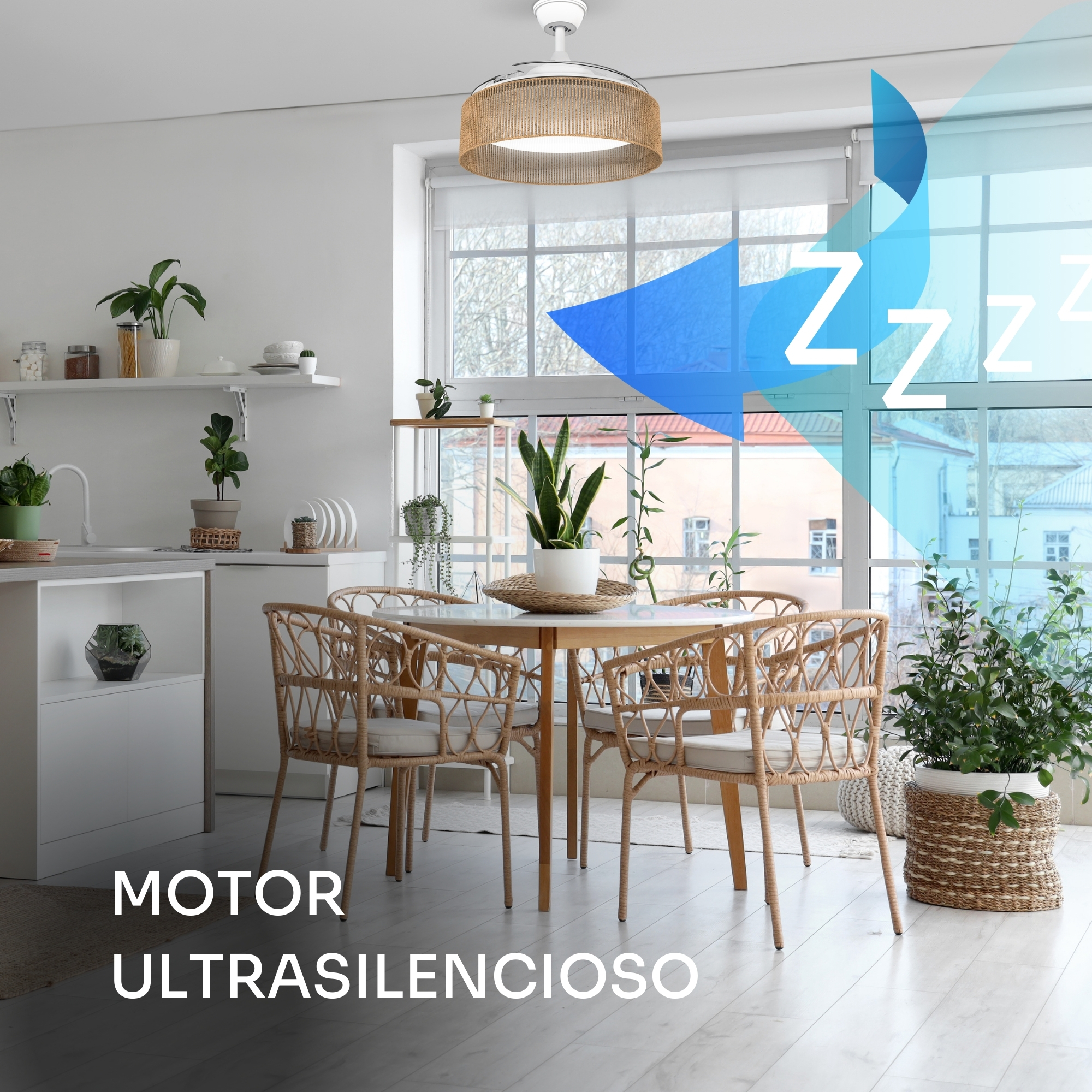 Un comedor con ventilador de techo y símbolos Zzz.