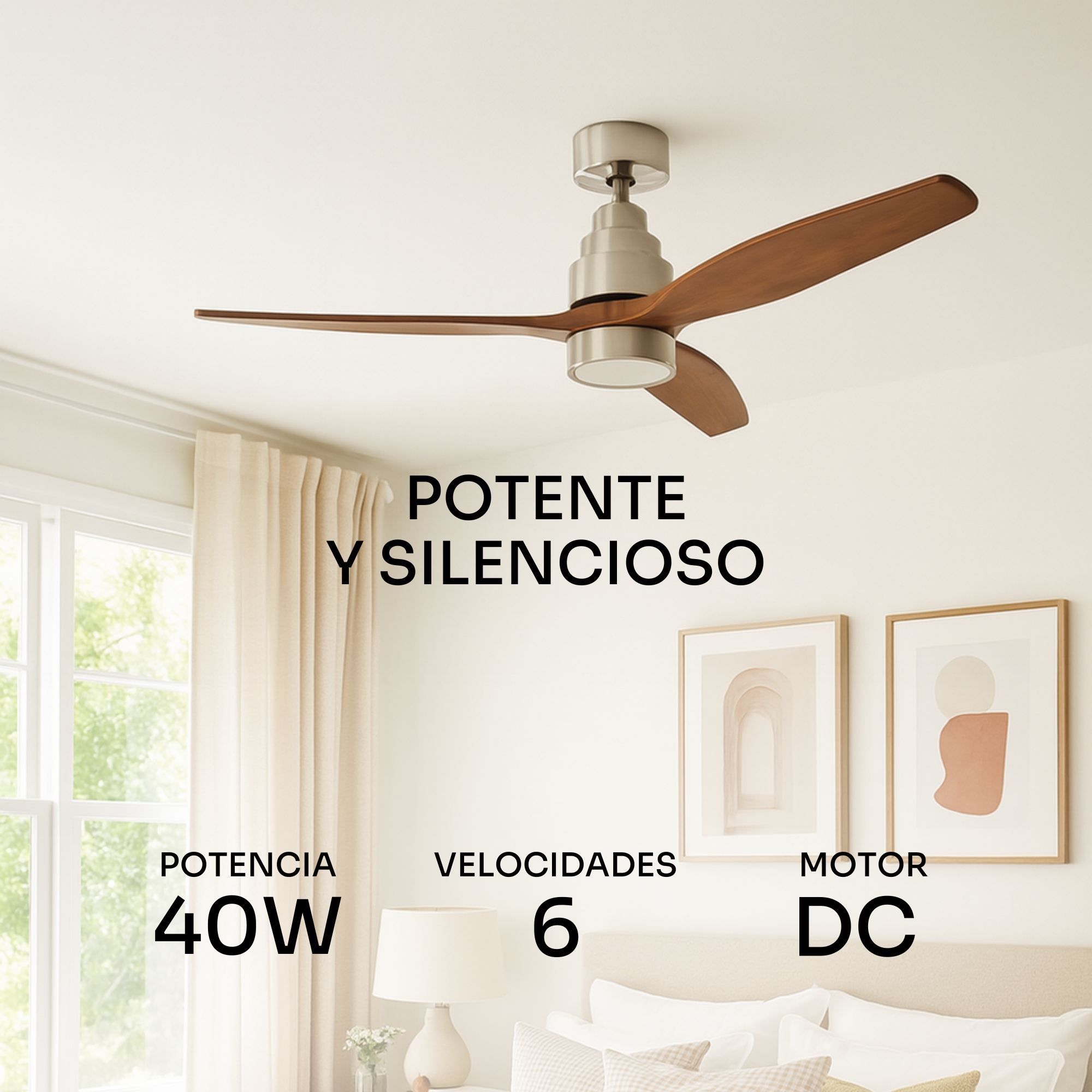 Ventilador de techo con aspas de madera, 40W, 6 velocidades, motor DC.