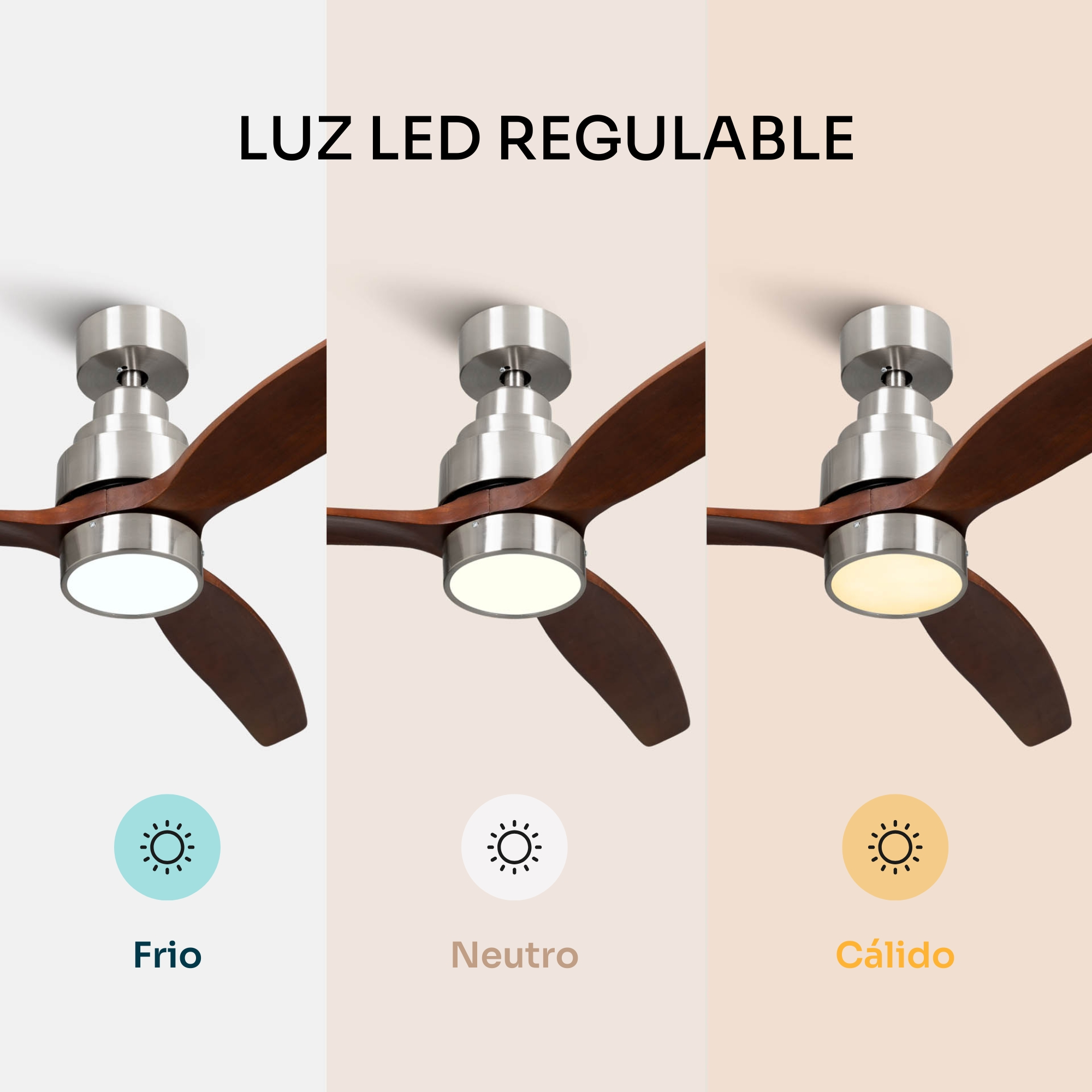 Ventilador de techo con aspas de madera y luz LED regulable en tres temperaturas.